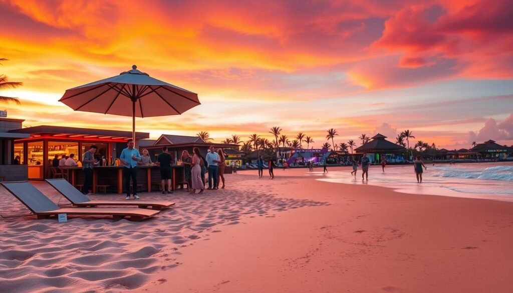 A vibrant scene of Seminyak Beach at sunset, capturing the essence of Bali's stylish atmosphere. In the foreground, a serene stretch of golden sand gently hugging the shoreline, with a couple of sun loungers and a chic beach umbrella, all in elegant colors. The middle ground features a trendy beachfront bar with patrons enjoying refreshing cocktails, dressed in smart casual attire, creating a lively social vibe. The sky is painted in warm oranges, pinks, and purples, reflecting off the gentle waves of the Indian Ocean. In the background, stylish beach clubs and palm trees silhouette against the vibrant sunset, with soft, ambient lighting enhancing the tranquil yet festive mood of the beach scene, creating a perfect blend of relaxation and social enjoyment. A vibrant scene of Seminyak Beach at sunset, capturing the essence of Bali's stylish atmosphere. In the foreground, a serene stretch of golden sand gently hugging the shoreline, with a couple of sun loungers and a chic beach umbrella, all in elegant colors. The middle ground features a trendy beachfront bar with patrons enjoying refreshing cocktails, dressed in smart casual attire, creating a lively social vibe. The sky is painted in warm oranges, pinks, and purples, reflecting off the gentle waves of the Indian Ocean. In the background, stylish beach clubs and palm trees silhouette against the vibrant sunset, with soft, ambient lighting enhancing the tranquil yet festive mood of the beach scene, creating a perfect blend of relaxation and social enjoyment.