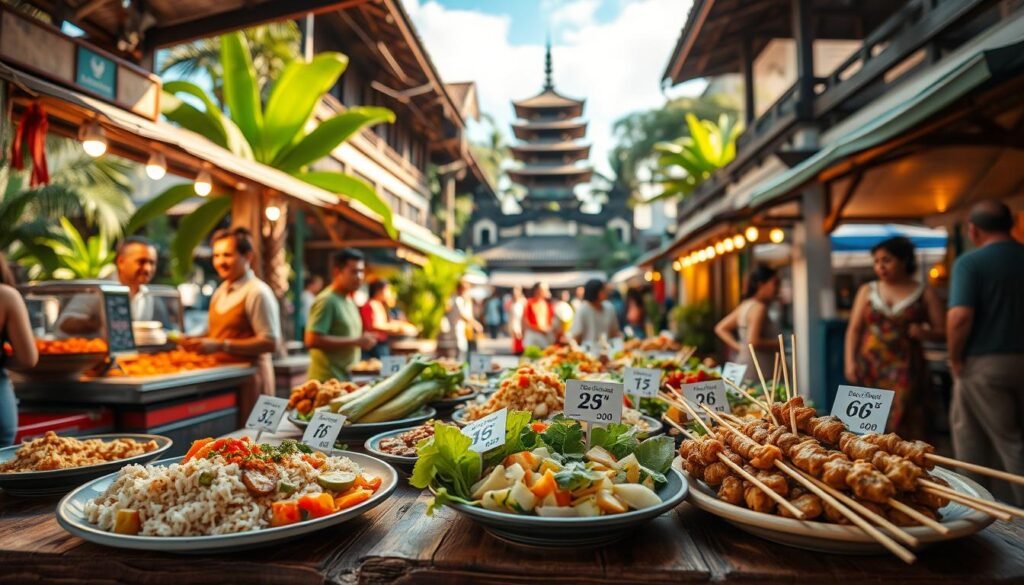 A vibrant scene of a Balinese street market focused on the concept of food prices. In the foreground, a rustic wooden table filled with colorful local dishes, such as Nasi Goreng and Satay skewers, with small price tags indicating their costs. The middle ground showcases bustling food stalls with smiling vendors dressed in traditional Balinese attire, engaging with customers. The background features lush tropical greenery and traditional Balinese architecture under a clear blue sky, adding depth and cultural context. Soft, warm lighting hints at early morning or late afternoon, creating a welcoming atmosphere. A slight aerial perspective captures the lively interaction between diners and vendors, emphasizing the affordability and diversity of Balinese cuisine. A vibrant scene of a Balinese street market focused on the concept of food prices. In the foreground, a rustic wooden table filled with colorful local dishes, such as Nasi Goreng and Satay skewers, with small price tags indicating their costs. The middle ground showcases bustling food stalls with smiling vendors dressed in traditional Balinese attire, engaging with customers. The background features lush tropical greenery and traditional Balinese architecture under a clear blue sky, adding depth and cultural context. Soft, warm lighting hints at early morning or late afternoon, creating a welcoming atmosphere. A slight aerial perspective captures the lively interaction between diners and vendors, emphasizing the affordability and diversity of Balinese cuisine.