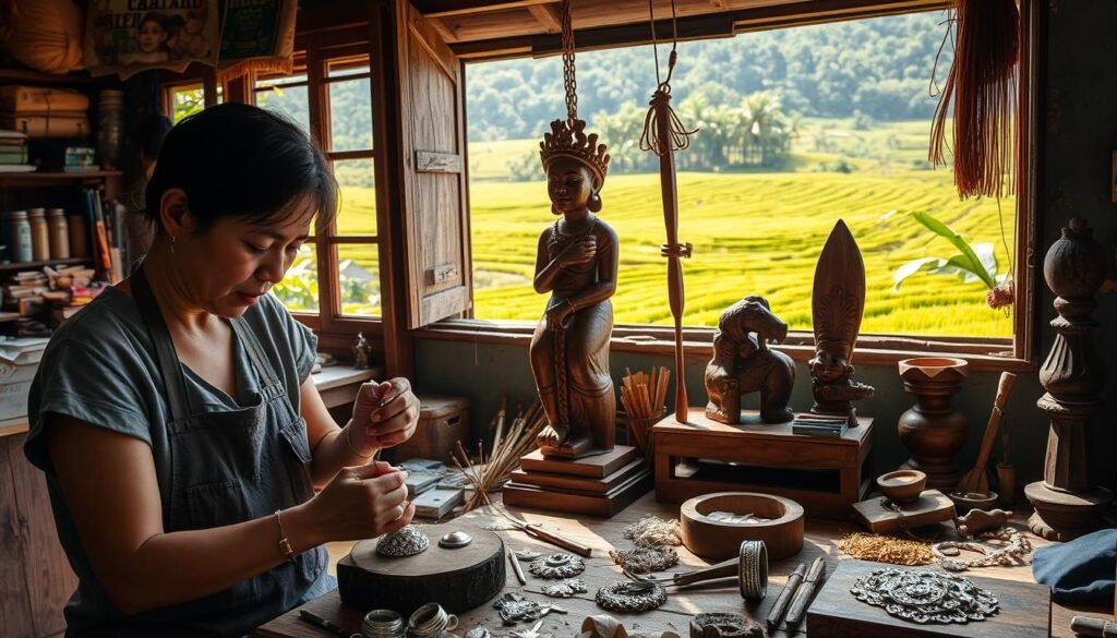 A vibrant scene showcasing Ubud's cultural artisanship, focusing on a silver jewelry workshop and a wood-carving studio. In the foreground, an artisan, dressed in modest casual clothing, delicately crafts a piece of intricate silver jewelry, surrounded by shimmering tools and raw materials. The middle section features a beautifully carved wooden statue, displaying exquisite details of traditional Balinese motifs. Natural light filters through the workshop's open windows, casting warm, inviting shadows across the workspace. In the background, lush green rice terraces stretch into the distance, reflecting Ubud’s picturesque landscape. The atmosphere is creative and lively, filled with the sounds of craftsmanship and the aroma of tropical flowers, capturing the essence of Ubud's artistic spirit. A vibrant scene showcasing Ubud's cultural artisanship, focusing on a silver jewelry workshop and a wood-carving studio. In the foreground, an artisan, dressed in modest casual clothing, delicately crafts a piece of intricate silver jewelry, surrounded by shimmering tools and raw materials. The middle section features a beautifully carved wooden statue, displaying exquisite details of traditional Balinese motifs. Natural light filters through the workshop's open windows, casting warm, inviting shadows across the workspace. In the background, lush green rice terraces stretch into the distance, reflecting Ubud’s picturesque landscape. The atmosphere is creative and lively, filled with the sounds of craftsmanship and the aroma of tropical flowers, capturing the essence of Ubud's artistic spirit.