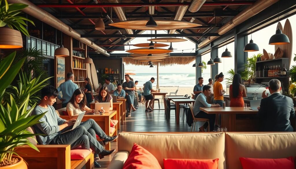 A vibrant scene showcasing a Canggu surf cafe designed for digital nomads. In the foreground, a stylish coworking space features comfortable wooden furniture with bright cushions, surrounded by greenery. A diverse group of individuals in professional business attire and casual clothing are focused on their laptops, engaged in discussions and brainstorming sessions. The middle ground reveals a popular cafe with a surfboard-inspired decor and an open-air layout, while baristas prepare artisanal coffee drinks. In the background, the golden sand beaches and crashing waves of Canggu are visible, bathed in warm, late afternoon sunlight. The atmosphere is lively yet relaxed, capturing the essence of a creative workspace infused with surf culture. The scene is shot with a wide-angle lens to emphasize the bustling cafe environment. A vibrant scene showcasing a Canggu surf cafe designed for digital nomads. In the foreground, a stylish coworking space features comfortable wooden furniture with bright cushions, surrounded by greenery. A diverse group of individuals in professional business attire and casual clothing are focused on their laptops, engaged in discussions and brainstorming sessions. The middle ground reveals a popular cafe with a surfboard-inspired decor and an open-air layout, while baristas prepare artisanal coffee drinks. In the background, the golden sand beaches and crashing waves of Canggu are visible, bathed in warm, late afternoon sunlight. The atmosphere is lively yet relaxed, capturing the essence of a creative workspace infused with surf culture. The scene is shot with a wide-angle lens to emphasize the bustling cafe environment.
