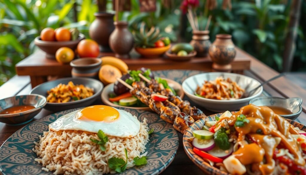 A vibrant spread of traditional Balinese food, including Nasi Goreng topped with a fried egg, Sate Lilit skewers with fragrant herbs, and a colorful Gado-Gado salad drizzled with peanut sauce. In the foreground, intricately patterned batik tableware enhances the cultural essence. The middle background features a rustic wooden table adorned with fresh tropical fruits and intricately crafted stoneware. Soft, warm lighting creates an inviting atmosphere, highlighting the rich colors of the dishes. A shallow depth of field blurs the surrounding lush greenery, suggesting an outdoor dining setting typical of Bali. The overall mood is lively and enticing, capturing the essence of Balinese culinary traditions. A vibrant spread of traditional Balinese food, including Nasi Goreng topped with a fried egg, Sate Lilit skewers with fragrant herbs, and a colorful Gado-Gado salad drizzled with peanut sauce. In the foreground, intricately patterned batik tableware enhances the cultural essence. The middle background features a rustic wooden table adorned with fresh tropical fruits and intricately crafted stoneware. Soft, warm lighting creates an inviting atmosphere, highlighting the rich colors of the dishes. A shallow depth of field blurs the surrounding lush greenery, suggesting an outdoor dining setting typical of Bali. The overall mood is lively and enticing, capturing the essence of Balinese culinary traditions.