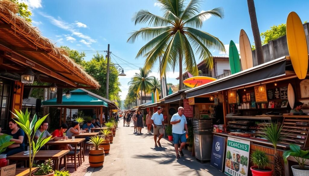 A vibrant street scene in Canggu, Bali, showcasing trendy cafes and warungs with lush green surroundings. In the foreground, a stylish café with a thatched roof, wooden tables, and colorful potted plants, with patrons enjoying coffee and dishes in modest casual attire. The middle features a busy street lined with local food stalls, displaying a variety of traditional dishes and vegan options. In the background, palm trees sway under a bright blue sky, with hints of surfboards and beach lifestyle. Soft, warm sunlight casts an inviting glow over the scene, capturing the essence of Bali’s relaxed, vibrant atmosphere at a slightly elevated angle for depth and perspective. A vibrant street scene in Canggu, Bali, showcasing trendy cafes and warungs with lush green surroundings. In the foreground, a stylish café with a thatched roof, wooden tables, and colorful potted plants, with patrons enjoying coffee and dishes in modest casual attire. The middle features a busy street lined with local food stalls, displaying a variety of traditional dishes and vegan options. In the background, palm trees sway under a bright blue sky, with hints of surfboards and beach lifestyle. Soft, warm sunlight casts an inviting glow over the scene, capturing the essence of Bali’s relaxed, vibrant atmosphere at a slightly elevated angle for depth and perspective.