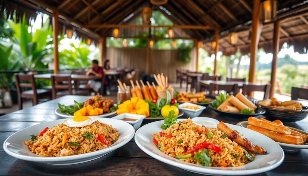 A vibrant table setting showcasing a variety of traditional Balinese dishes in an open-air restaurant surrounded by lush greenery. In the foreground, a colorful plate of Nasi Goreng (fried rice) garnished with fresh vegetables and a fried egg, along with a small bowl of spicy sambal. The middle ground features a beautifully arranged platter of satay skewers and crispy spring rolls, complemented by tropical fruits like mango and papaya. In the background, soft lighting filters through bamboo structures, creating a warm, inviting atmosphere, with hanging lanterns and a glimpse of the Bali landscape outside. Use a wide-angle lens to capture the essence of communal dining, evoking excitement and the joy of culinary exploration. A vibrant table setting showcasing a variety of traditional Balinese dishes in an open-air restaurant surrounded by lush greenery. In the foreground, a colorful plate of Nasi Goreng (fried rice) garnished with fresh vegetables and a fried egg, along with a small bowl of spicy sambal. The middle ground features a beautifully arranged platter of satay skewers and crispy spring rolls, complemented by tropical fruits like mango and papaya. In the background, soft lighting filters through bamboo structures, creating a warm, inviting atmosphere, with hanging lanterns and a glimpse of the Bali landscape outside. Use a wide-angle lens to capture the essence of communal dining, evoking excitement and the joy of culinary exploration.