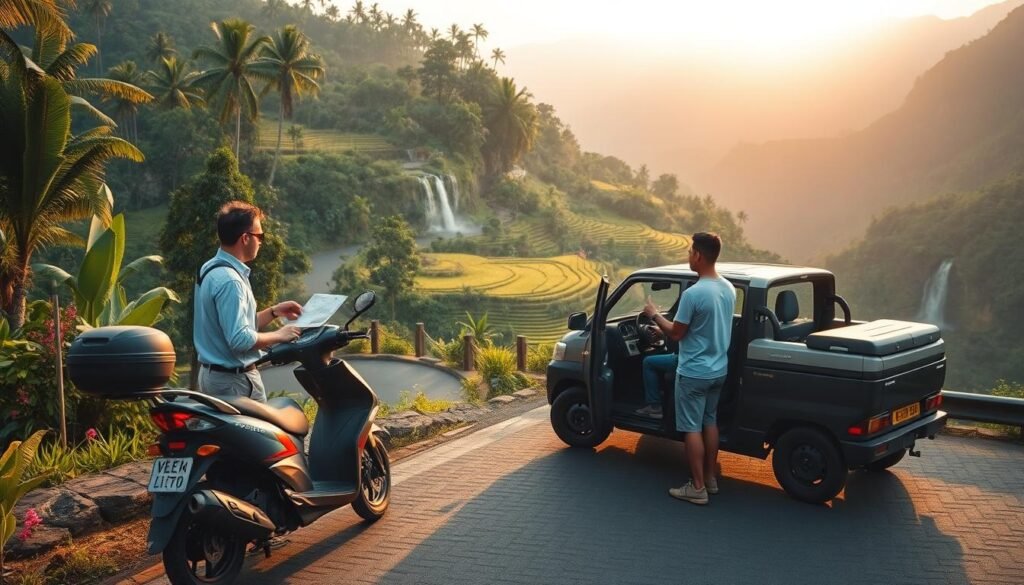 A vibrant travel scene illustrating "Getting Around" in Bali, showcasing a scenic road winding through tropical forests and rice terraces. In the foreground, a modern scooter parked beside a scenic viewpoint, with a neatly dressed traveler in casual attire consulting a map or smartphone. In the middle ground, a local driver stands next to a comfortable vehicle, gesturing towards the landscape, hinting at guided tours. Lush greenery and colorful flowers surround the area, adding depth. The background features a distant vista of waterfalls cascading down rocky cliffs, captured during golden hour with soft, warm lighting enhancing the tranquil atmosphere. Use a wide-angle lens to encompass the beauty of Bali’s nature, emphasizing a sense of adventure and exploration. The mood is inviting and peaceful, perfect for travelers seeking hidden gems. A vibrant travel scene illustrating "Getting Around" in Bali, showcasing a scenic road winding through tropical forests and rice terraces. In the foreground, a modern scooter parked beside a scenic viewpoint, with a neatly dressed traveler in casual attire consulting a map or smartphone. In the middle ground, a local driver stands next to a comfortable vehicle, gesturing towards the landscape, hinting at guided tours. Lush greenery and colorful flowers surround the area, adding depth. The background features a distant vista of waterfalls cascading down rocky cliffs, captured during golden hour with soft, warm lighting enhancing the tranquil atmosphere. Use a wide-angle lens to encompass the beauty of Bali’s nature, emphasizing a sense of adventure and exploration. The mood is inviting and peaceful, perfect for travelers seeking hidden gems.
