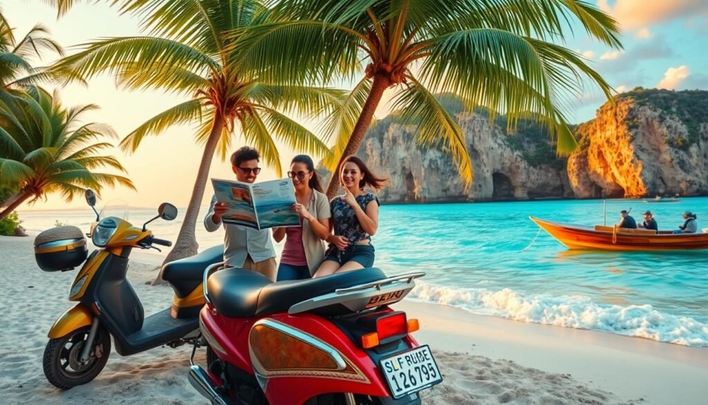 A vibrant tropical scene depicting island transport in Bali. In the foreground, a colorful scooter parked on the sandy beach, surrounded by lush green palm trees. A private driver in modest casual clothing stands nearby, holding out a map to tourists in stylish, casual attire, ready to assist with directions. In the middle ground, a small wooden boat gently bobbing on the azure water, ready for snorkelers, with snorkel gear visible on board. The background features dramatic cliffs at sunset, casting warm golden and pink hues across the sky. The scene is captured using a wide-angle lens to emphasize depth and enhance the feeling of adventure, with soft, warm lighting to evoke a relaxed, inviting atmosphere. A vibrant tropical scene depicting island transport in Bali. In the foreground, a colorful scooter parked on the sandy beach, surrounded by lush green palm trees. A private driver in modest casual clothing stands nearby, holding out a map to tourists in stylish, casual attire, ready to assist with directions. In the middle ground, a small wooden boat gently bobbing on the azure water, ready for snorkelers, with snorkel gear visible on board. The background features dramatic cliffs at sunset, casting warm golden and pink hues across the sky. The scene is captured using a wide-angle lens to emphasize depth and enhance the feeling of adventure, with soft, warm lighting to evoke a relaxed, inviting atmosphere.