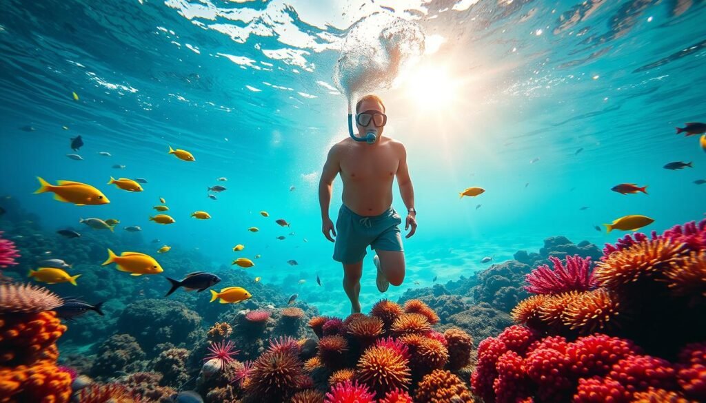A vibrant underwater scene showcasing the beauty of snorkeling in Bali. In the foreground, colorful coral reefs filled with diverse marine life such as tropical fish, sea anemones, and starfish, creating a lively and inviting atmosphere. The middle ground features a snorkeler in modest, casual swim attire, exploring the underwater landscape with a snorkel and mask, depicting an adventurous spirit. The background reveals the sun's rays filtering through the clear blue water, illuminating the sandy sea floor and casting shimmering patterns, enhancing the serene and magical underwater experience. The composition captures the essence of tranquility and excitement while reflecting the pristine beauty of Bali's snorkeling spots, with a warm, natural lighting to evoke a sense of wonder and adventure. A vibrant underwater scene showcasing the beauty of snorkeling in Bali. In the foreground, colorful coral reefs filled with diverse marine life such as tropical fish, sea anemones, and starfish, creating a lively and inviting atmosphere. The middle ground features a snorkeler in modest, casual swim attire, exploring the underwater landscape with a snorkel and mask, depicting an adventurous spirit. The background reveals the sun's rays filtering through the clear blue water, illuminating the sandy sea floor and casting shimmering patterns, enhancing the serene and magical underwater experience. The composition captures the essence of tranquility and excitement while reflecting the pristine beauty of Bali's snorkeling spots, with a warm, natural lighting to evoke a sense of wonder and adventure.
