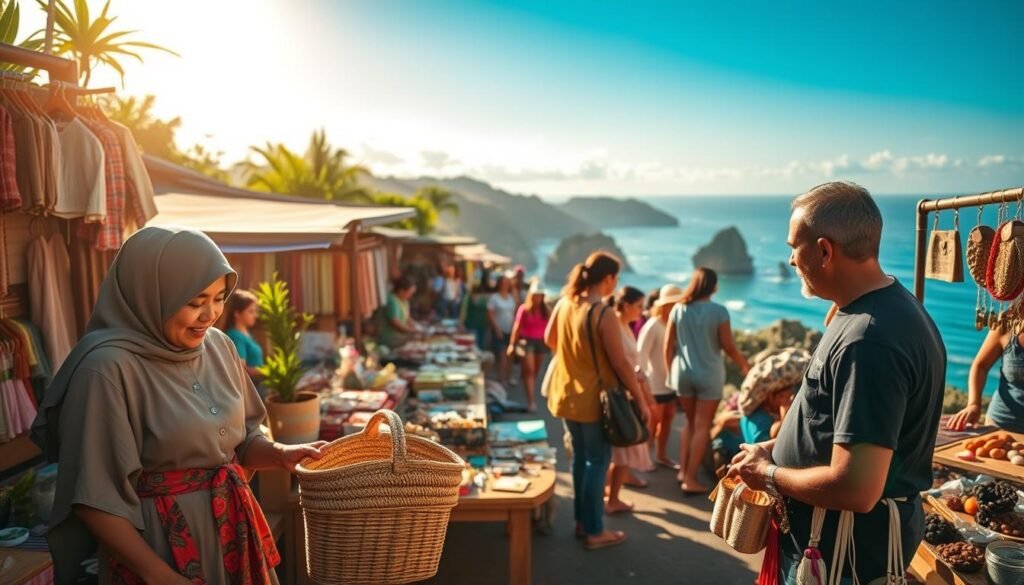 A vibrant weekend market scene in Uluwatu, showcasing colorful stalls filled with local handcrafted goods, textiles, and artisan foods. In the foreground, a woman in a modest, stylish outfit examines a handwoven basket, while a vendor enthusiastically showcases his unique jewelry. The middle ground features more bustling stalls with shoppers browsing, all surrounded by lush greenery. In the background, glimpses of dramatic cliffs and the azure ocean create a breathtaking backdrop, under a bright, sunny sky with soft, diffused lighting that casts warm highlights and gentle shadows. The atmosphere is lively and inviting, capturing the essence of local culture and the joy of discovery at a market. A vibrant weekend market scene in Uluwatu, showcasing colorful stalls filled with local handcrafted goods, textiles, and artisan foods. In the foreground, a woman in a modest, stylish outfit examines a handwoven basket, while a vendor enthusiastically showcases his unique jewelry. The middle ground features more bustling stalls with shoppers browsing, all surrounded by lush greenery. In the background, glimpses of dramatic cliffs and the azure ocean create a breathtaking backdrop, under a bright, sunny sky with soft, diffused lighting that casts warm highlights and gentle shadows. The atmosphere is lively and inviting, capturing the essence of local culture and the joy of discovery at a market.