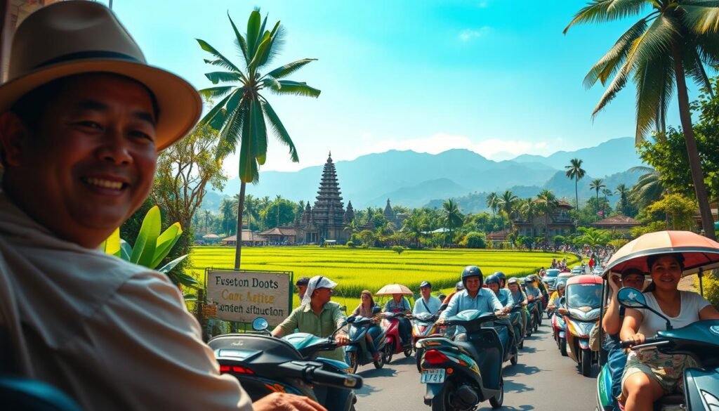 A vibrant, welcoming scene of Ubud's transport system, showcasing a bustling street filled with traditional Balinese scooters and taxis. In the foreground, a friendly local driver dressed in modest, casual attire greets tourists, providing helpful advice. In the middle ground, colorful rice fields and lush greenery contrast with the urban landscape, featuring iconic temples peeking through. The background shows misty mountains under a bright blue sky, creating a serene atmosphere. Soft, warm lighting highlights the greenery and the intricate details of the architecture, while a slightly overhead angle captures the lively movement of the streets. The mood feels inviting, encouraging exploration and a sense of safety in this cultural hub. A vibrant, welcoming scene of Ubud's transport system, showcasing a bustling street filled with traditional Balinese scooters and taxis. In the foreground, a friendly local driver dressed in modest, casual attire greets tourists, providing helpful advice. In the middle ground, colorful rice fields and lush greenery contrast with the urban landscape, featuring iconic temples peeking through. The background shows misty mountains under a bright blue sky, creating a serene atmosphere. Soft, warm lighting highlights the greenery and the intricate details of the architecture, while a slightly overhead angle captures the lively movement of the streets. The mood feels inviting, encouraging exploration and a sense of safety in this cultural hub.