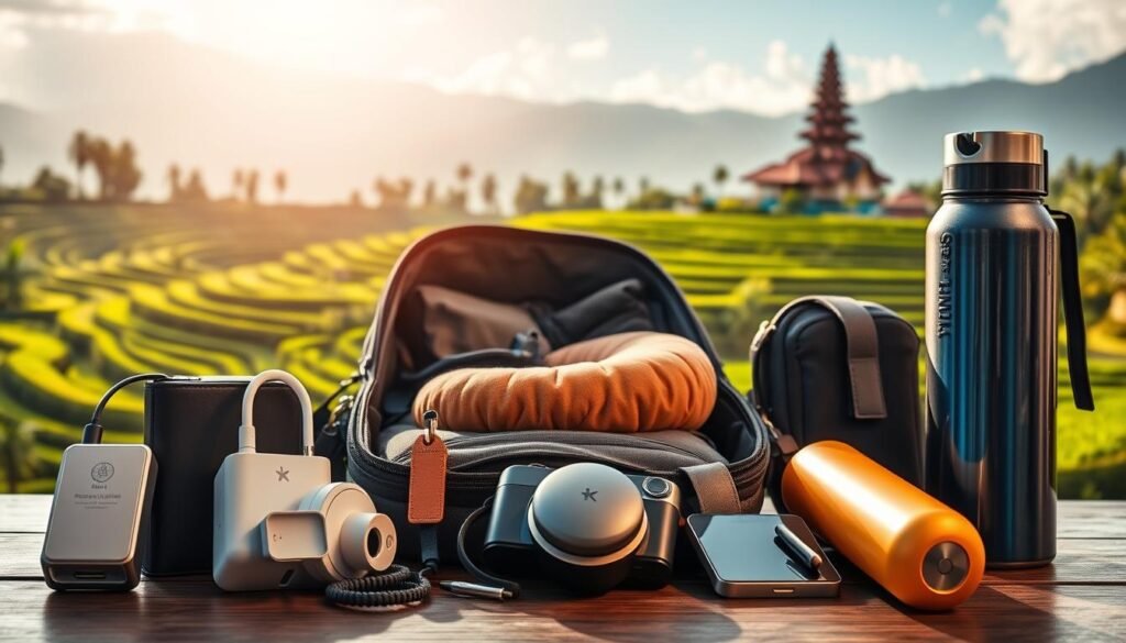 A visually engaging composition showcasing an array of smart travel accessories ideal for a trip to Bali. In the foreground, present modern gadgets like a portable charger, travel adapter, noise-canceling headphones, and a compact digital camera, each labeled with elegant tags. The middle layer features a neatly packed travel backpack, open to reveal additional accessories like a travel pillow and a reusable water bottle. In the background, depict the stunning landscapes of Bali, with lush green rice terraces and a glimpse of a traditional Balinese temple under bright, tropical sunlight. Utilize soft, warm lighting to create an inviting atmosphere, capturing the essence of both innovation and travel. The angle should be slightly elevated, providing a clear view of the accessories while still showcasing the enchanting Balinese scenery. A visually engaging composition showcasing an array of smart travel accessories ideal for a trip to Bali. In the foreground, present modern gadgets like a portable charger, travel adapter, noise-canceling headphones, and a compact digital camera, each labeled with elegant tags. The middle layer features a neatly packed travel backpack, open to reveal additional accessories like a travel pillow and a reusable water bottle. In the background, depict the stunning landscapes of Bali, with lush green rice terraces and a glimpse of a traditional Balinese temple under bright, tropical sunlight. Utilize soft, warm lighting to create an inviting atmosphere, capturing the essence of both innovation and travel. The angle should be slightly elevated, providing a clear view of the accessories while still showcasing the enchanting Balinese scenery.