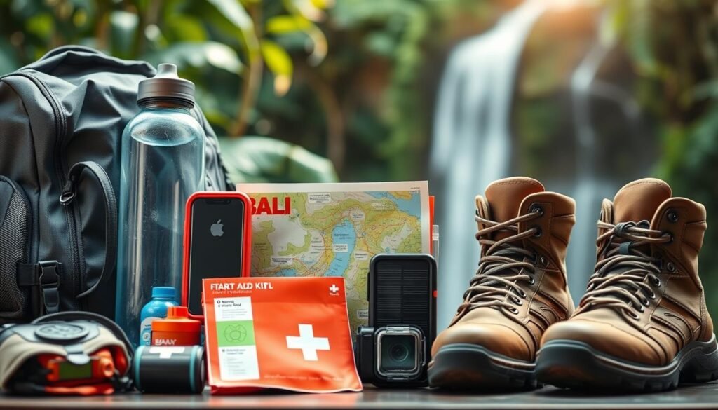 A well-organized composition of travel gear essentials suited for outdoor adventures in Bali. In the foreground, showcase a neatly arranged selection of essential items: a durable backpack, a high-quality water bottle, a portable waterproof phone case, a compact first-aid kit, and a pair of sturdy hiking boots. In the middle ground, include a vibrant rolled-up map of Bali and a multifunctional travel gadget like a solar charger or action camera. The background should softly blur lush tropical foliage or hint at a serene waterfall, emphasizing a sense of exploration. Use natural, diffused sunlight to create a bright and inviting atmosphere. The overall mood should be adventurous and inspiring, ideal for outdoor enthusiasts preparing for a Bali trip. A well-organized composition of travel gear essentials suited for outdoor adventures in Bali. In the foreground, showcase a neatly arranged selection of essential items: a durable backpack, a high-quality water bottle, a portable waterproof phone case, a compact first-aid kit, and a pair of sturdy hiking boots. In the middle ground, include a vibrant rolled-up map of Bali and a multifunctional travel gadget like a solar charger or action camera. The background should softly blur lush tropical foliage or hint at a serene waterfall, emphasizing a sense of exploration. Use natural, diffused sunlight to create a bright and inviting atmosphere. The overall mood should be adventurous and inspiring, ideal for outdoor enthusiasts preparing for a Bali trip.