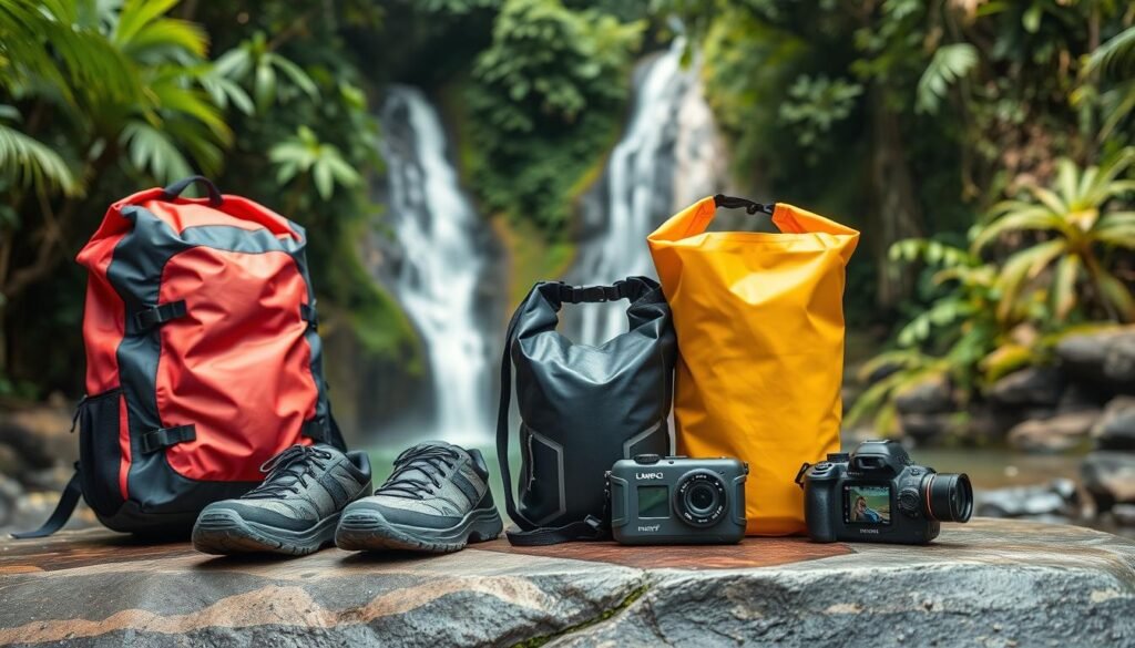 A well-organized display of waterproof gear suitable for a waterfall exploration, featuring a vibrant waterproof backpack, a pair of sturdy water shoes, a compact dry bag, and a high-quality waterproof camera. In the foreground, the items are neatly arranged on a flat, natural stone surface, and droplets of water glisten on them. The middle ground showcases a lush, tropical rainforest with a stunning, cascading waterfall in the background, capturing the essence of Bali’s natural beauty. Bright, soft lighting filters through the dense foliage, illuminating the scene with a refreshing and adventurous atmosphere. The angle is slightly elevated, providing a clear view of the gear while emphasizing the breathtaking waterfall backdrop, evoking a sense of wanderlust and exploration. A well-organized display of waterproof gear suitable for a waterfall exploration, featuring a vibrant waterproof backpack, a pair of sturdy water shoes, a compact dry bag, and a high-quality waterproof camera. In the foreground, the items are neatly arranged on a flat, natural stone surface, and droplets of water glisten on them. The middle ground showcases a lush, tropical rainforest with a stunning, cascading waterfall in the background, capturing the essence of Bali’s natural beauty. Bright, soft lighting filters through the dense foliage, illuminating the scene with a refreshing and adventurous atmosphere. The angle is slightly elevated, providing a clear view of the gear while emphasizing the breathtaking waterfall backdrop, evoking a sense of wanderlust and exploration.
