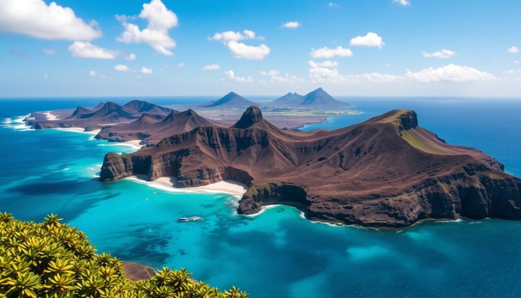 Aerial view of Nusa Penida Island, showcasing its stunning coastline with turquoise waters and rugged cliffs. In the foreground, vibrant green vegetation frames the land, leading to picturesque sandy beaches. The middle ground features the island's famous landmarks, like Kelingking Beach and Broken Beach, clearly highlighted against the sparkling sea. The background reveals distant volcanic peaks under a bright blue sky, scattered clouds catching the sunlight, creating a warm, inviting atmosphere. The scene is captured in bright daylight with a slight aerial perspective, emphasizing the island's unique geographical features and natural beauty. The overall mood is adventurous and serene, perfect for enticing travel enthusiasts. Aerial view of Nusa Penida Island, showcasing its stunning coastline with turquoise waters and rugged cliffs. In the foreground, vibrant green vegetation frames the land, leading to picturesque sandy beaches. The middle ground features the island's famous landmarks, like Kelingking Beach and Broken Beach, clearly highlighted against the sparkling sea. The background reveals distant volcanic peaks under a bright blue sky, scattered clouds catching the sunlight, creating a warm, inviting atmosphere. The scene is captured in bright daylight with a slight aerial perspective, emphasizing the island's unique geographical features and natural beauty. The overall mood is adventurous and serene, perfect for enticing travel enthusiasts.