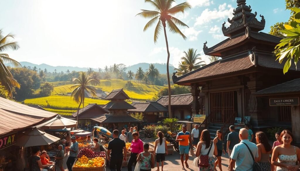 Central Ubud in a vibrant, lively scene highlighting traditional Balinese culture, with intricate temples and lush green rice terraces. In the foreground, a local market bustling with vendors selling handcrafted goods and fresh tropical fruits, with shoppers in modest casual clothing enjoying the atmosphere. The middle ground features iconic Ubud landmarks like the Saraswati Temple with its ornate architecture and tranquil lotus pond, surrounded by lush greenery. In the background, rolling rice paddies under a bright blue sky, with soft, golden sunlight filtering through the palm trees, creating a warm and inviting ambiance. Capture the scene from a slightly elevated angle, using a wide lens to encompass both the cultural richness and natural beauty, evoking a sense of adventure and tranquility. Central Ubud in a vibrant, lively scene highlighting traditional Balinese culture, with intricate temples and lush green rice terraces. In the foreground, a local market bustling with vendors selling handcrafted goods and fresh tropical fruits, with shoppers in modest casual clothing enjoying the atmosphere. The middle ground features iconic Ubud landmarks like the Saraswati Temple with its ornate architecture and tranquil lotus pond, surrounded by lush greenery. In the background, rolling rice paddies under a bright blue sky, with soft, golden sunlight filtering through the palm trees, creating a warm and inviting ambiance. Capture the scene from a slightly elevated angle, using a wide lens to encompass both the cultural richness and natural beauty, evoking a sense of adventure and tranquility.