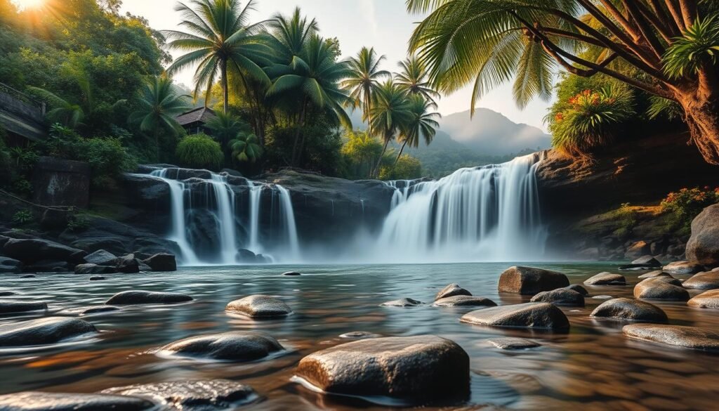 Early morning waterfalls cascading over rocky cliffs in a lush, tropical rainforest, surrounded by vibrant green foliage and colorful tropical flowers. The foreground features clear water pooling in smooth stones, reflecting the early morning light. In the middle ground, the waterfalls flow gracefully, with mist rising gently, creating a serene atmosphere. The background showcases towering palm trees and distant hills shrouded in morning fog. Soft golden sunlight filters through the leaves, illuminating the scene and enhancing the tranquil mood. The composition captures a wide-angle view to encompass the entire landscape, emphasizing the beauty and serenity of Bali's natural wonders at dawn. Early morning waterfalls cascading over rocky cliffs in a lush, tropical rainforest, surrounded by vibrant green foliage and colorful tropical flowers. The foreground features clear water pooling in smooth stones, reflecting the early morning light. In the middle ground, the waterfalls flow gracefully, with mist rising gently, creating a serene atmosphere. The background showcases towering palm trees and distant hills shrouded in morning fog. Soft golden sunlight filters through the leaves, illuminating the scene and enhancing the tranquil mood. The composition captures a wide-angle view to encompass the entire landscape, emphasizing the beauty and serenity of Bali's natural wonders at dawn.