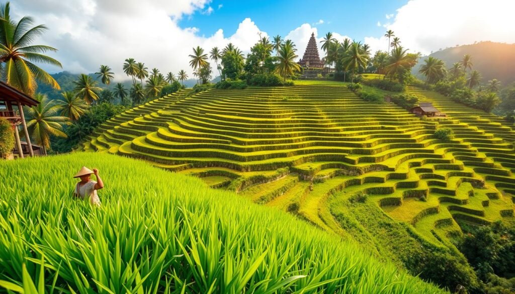 Lush green rice terraces cascading down a hillside in Ubud, Bali, with intricate patterns formed by the natural cultivation of rice. In the foreground, clusters of vibrant green rice plants sway gently in the breeze, while farmers in modest casual clothing work diligently in the fields. The mid-ground showcases the stunning layered terraces against the backdrop of dense tropical palm trees. The background features a distant temple perched on a hill, surrounded by mist and a clear blue sky. Soft, golden sunlight filters through the clouds, casting a warm glow on the scene, creating a serene and tranquil atmosphere perfect for capturing Ubud's cultural heart. The composition is framed from a slight high angle, allowing viewers to appreciate the beauty of the terraces and surrounding nature. Lush green rice terraces cascading down a hillside in Ubud, Bali, with intricate patterns formed by the natural cultivation of rice. In the foreground, clusters of vibrant green rice plants sway gently in the breeze, while farmers in modest casual clothing work diligently in the fields. The mid-ground showcases the stunning layered terraces against the backdrop of dense tropical palm trees. The background features a distant temple perched on a hill, surrounded by mist and a clear blue sky. Soft, golden sunlight filters through the clouds, casting a warm glow on the scene, creating a serene and tranquil atmosphere perfect for capturing Ubud's cultural heart. The composition is framed from a slight high angle, allowing viewers to appreciate the beauty of the terraces and surrounding nature.