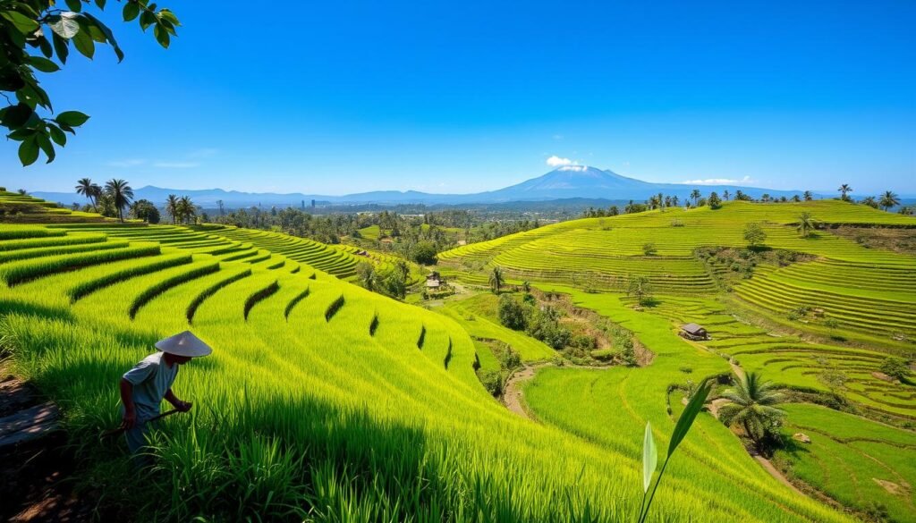 Lush green rice terraces of Ubud, Bali, cascading down wooden hills under a bright, clear blue sky. In the foreground, a local farmer in modest clothing tends to the vibrant rice paddies, surrounded by vibrant green foliage and tropical flowers. The middle layer features winding paths and small, quaint bamboo huts scattered throughout the fields, emphasizing the connection between agriculture and daily life. In the background, distant volcanic mountains loom, creating a majestic backdrop. Soft, warm sunlight bathes the scene, casting gentle shadows and enhancing the vivid colors of the rice and landscape. The atmosphere is tranquil and serene, inviting viewers to immerse themselves in the beauty of Ubud's natural surroundings. Use a wide-angle lens to capture the expansive view, emphasizing the lush geography of this cultural paradise. Lush green rice terraces of Ubud, Bali, cascading down wooden hills under a bright, clear blue sky. In the foreground, a local farmer in modest clothing tends to the vibrant rice paddies, surrounded by vibrant green foliage and tropical flowers. The middle layer features winding paths and small, quaint bamboo huts scattered throughout the fields, emphasizing the connection between agriculture and daily life. In the background, distant volcanic mountains loom, creating a majestic backdrop. Soft, warm sunlight bathes the scene, casting gentle shadows and enhancing the vivid colors of the rice and landscape. The atmosphere is tranquil and serene, inviting viewers to immerse themselves in the beauty of Ubud's natural surroundings. Use a wide-angle lens to capture the expansive view, emphasizing the lush geography of this cultural paradise.