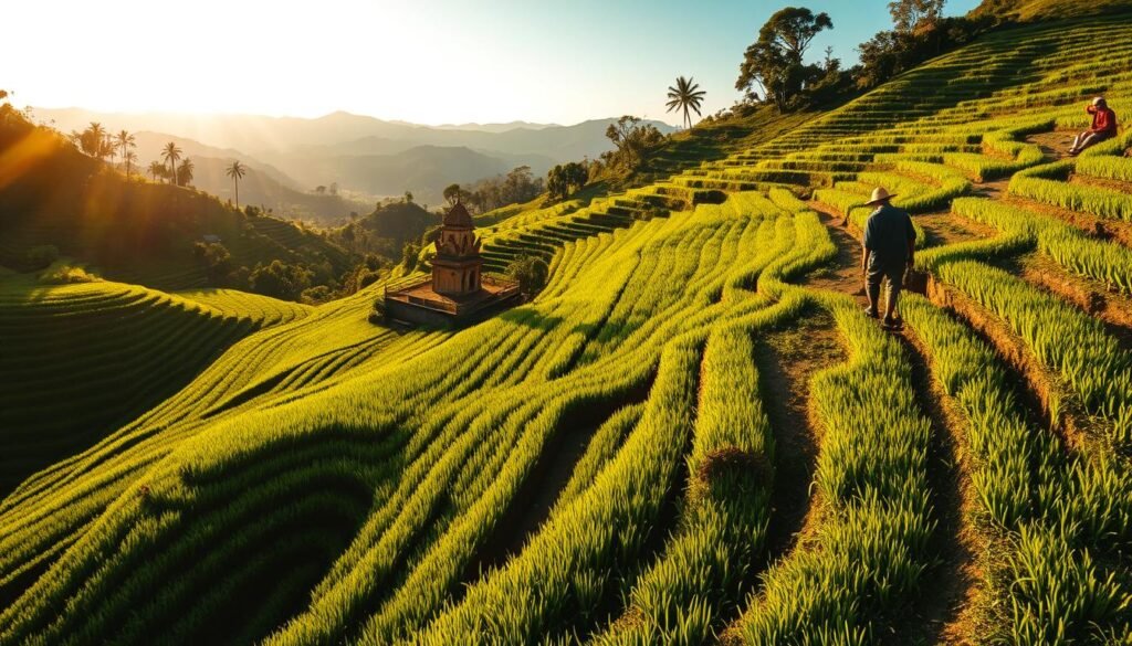 Lush green rice terraces of Ubud cascading down a hillside, bathed in soft golden sunlight during the late afternoon. In the foreground, intricate pathways carved through vibrant rice plants lead towards a small local temple adorned with traditional Balinese architecture. The middle ground features local farmers in modest, casual clothing tending to their rice fields, creating a sense of community and culture. In the background, distant mountains provide a majestic backdrop under a clear blue sky, enhancing the natural beauty. The scene captures a peaceful, serene atmosphere, inviting viewers to experience the tranquility of Ubud. Use a wide-angle lens to emphasize the depth and vastness of the terraces, ensuring vibrant colors and crisp details highlight the lushness of the landscape. Lush green rice terraces of Ubud cascading down a hillside, bathed in soft golden sunlight during the late afternoon. In the foreground, intricate pathways carved through vibrant rice plants lead towards a small local temple adorned with traditional Balinese architecture. The middle ground features local farmers in modest, casual clothing tending to their rice fields, creating a sense of community and culture. In the background, distant mountains provide a majestic backdrop under a clear blue sky, enhancing the natural beauty. The scene captures a peaceful, serene atmosphere, inviting viewers to experience the tranquility of Ubud. Use a wide-angle lens to emphasize the depth and vastness of the terraces, ensuring vibrant colors and crisp details highlight the lushness of the landscape.