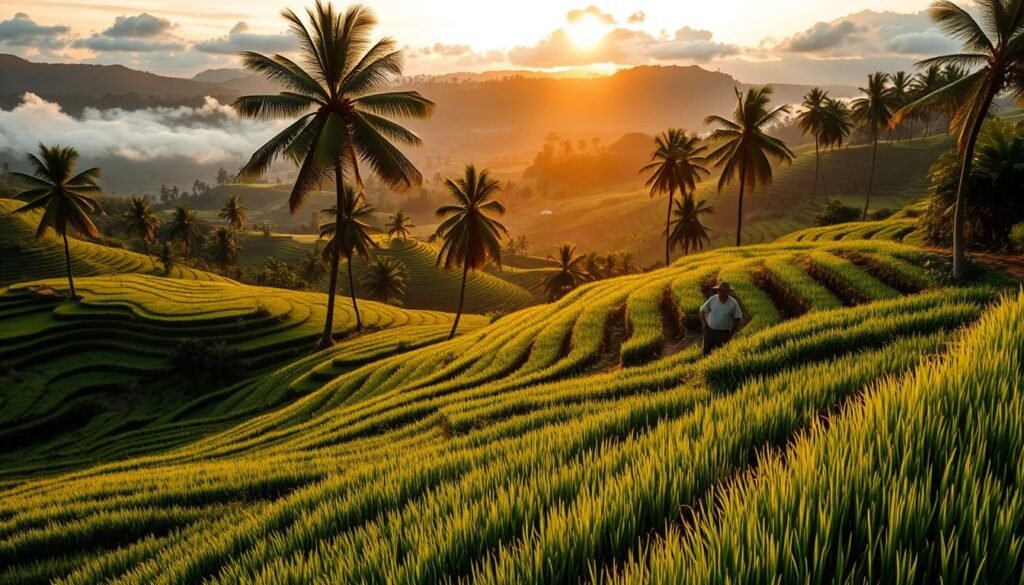 Lush rice terraces of Tegallalang bathed in the golden light of sunrise, showcasing a vibrant green palette. In the foreground, intricate layers of rice paddies glisten with morning dew, surrounded by tall palm trees swaying gently in the breeze. The middle ground features farmers in modest, casual clothing tending to the fields, sharing stories of the traditional Subak irrigation system. The background reveals a breathtaking landscape of rolling hills, with soft clouds lingering above and the sun rising dramatically on the horizon. Capture the scene from a slightly elevated angle to encompass the expansive beauty of the terraces and the enchanting atmosphere, evoking a sense of tranquility and connection to nature. Lush rice terraces of Tegallalang bathed in the golden light of sunrise, showcasing a vibrant green palette. In the foreground, intricate layers of rice paddies glisten with morning dew, surrounded by tall palm trees swaying gently in the breeze. The middle ground features farmers in modest, casual clothing tending to the fields, sharing stories of the traditional Subak irrigation system. The background reveals a breathtaking landscape of rolling hills, with soft clouds lingering above and the sun rising dramatically on the horizon. Capture the scene from a slightly elevated angle to encompass the expansive beauty of the terraces and the enchanting atmosphere, evoking a sense of tranquility and connection to nature.