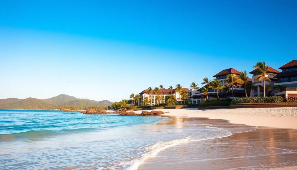 Nusa Dua, Bali, depicted in a serene tropical setting. Foreground features a pristine, white sandy beach with gentle waves lapping at the shore. In the middle ground, elegant luxury resorts with modern architecture and lush gardens, incorporating tropical plants and palm trees. A calm turquoise sea reflects the bright blue sky. In the background, distant volcanic hills provide a stunning contrast, with hints of greenery. Lighting is warm and inviting, as if it's late afternoon, creating soft golden hues. Capture this scene from a slightly elevated angle, giving a sweeping view of the area, conveying a tranquil and upscale atmosphere, ideal for relaxation and pampering. Nusa Dua, Bali, depicted in a serene tropical setting. Foreground features a pristine, white sandy beach with gentle waves lapping at the shore. In the middle ground, elegant luxury resorts with modern architecture and lush gardens, incorporating tropical plants and palm trees. A calm turquoise sea reflects the bright blue sky. In the background, distant volcanic hills provide a stunning contrast, with hints of greenery. Lighting is warm and inviting, as if it's late afternoon, creating soft golden hues. Capture this scene from a slightly elevated angle, giving a sweeping view of the area, conveying a tranquil and upscale atmosphere, ideal for relaxation and pampering.
