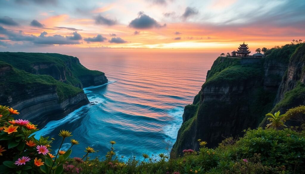 Uluwatu cliff views at sunset, showcasing the dramatic cliffs and turquoise ocean waves crashing below. In the foreground, lush greenery envelops the cliff edges, interspersed with tropical flowers. The middle ground features the iconic Uluwatu Temple perched majestically on the cliffs, its traditional Balinese architecture intricately detailed. In the background, a vibrant sunset paints the sky in hues of orange, pink, and purple, reflecting on the water. The scene exudes tranquility and natural beauty, with soft, warm lighting illuminating the landscape. A wide-angle perspective captures the vastness of the ocean and the cliffs, inviting viewers to experience the enchanting atmosphere of Bali's breathtaking coastline. Uluwatu cliff views at sunset, showcasing the dramatic cliffs and turquoise ocean waves crashing below. In the foreground, lush greenery envelops the cliff edges, interspersed with tropical flowers. The middle ground features the iconic Uluwatu Temple perched majestically on the cliffs, its traditional Balinese architecture intricately detailed. In the background, a vibrant sunset paints the sky in hues of orange, pink, and purple, reflecting on the water. The scene exudes tranquility and natural beauty, with soft, warm lighting illuminating the landscape. A wide-angle perspective captures the vastness of the ocean and the cliffs, inviting viewers to experience the enchanting atmosphere of Bali's breathtaking coastline.