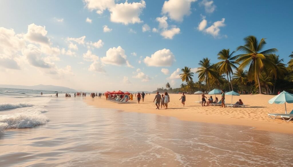 Vibrant beach scene showcasing notable areas of Bali, including Kuta, Legian, Nusa Dua, and Sanur. Foreground features gentle waves lapping at the shore, with colorful beach umbrellas and sun loungers in soft pastel colors. Middle ground displays families and friends enjoying leisurely activities—some playing beach games, others strolling along the pristine sand—all dressed in modest beach attire. Background reveals lush palm trees swaying in a gentle breeze under a clear blue sky, with a sprinkle of fluffy white clouds. The warm golden sunlight casts a soft glow across the scene, creating a relaxing vacation atmosphere. Capture the image with a wide-angle lens to encompass the beauty of the coastline and inviting beach vibes, evoking a sense of serenity and adventure. Vibrant beach scene showcasing notable areas of Bali, including Kuta, Legian, Nusa Dua, and Sanur. Foreground features gentle waves lapping at the shore, with colorful beach umbrellas and sun loungers in soft pastel colors. Middle ground displays families and friends enjoying leisurely activities—some playing beach games, others strolling along the pristine sand—all dressed in modest beach attire. Background reveals lush palm trees swaying in a gentle breeze under a clear blue sky, with a sprinkle of fluffy white clouds. The warm golden sunlight casts a soft glow across the scene, creating a relaxing vacation atmosphere. Capture the image with a wide-angle lens to encompass the beauty of the coastline and inviting beach vibes, evoking a sense of serenity and adventure.