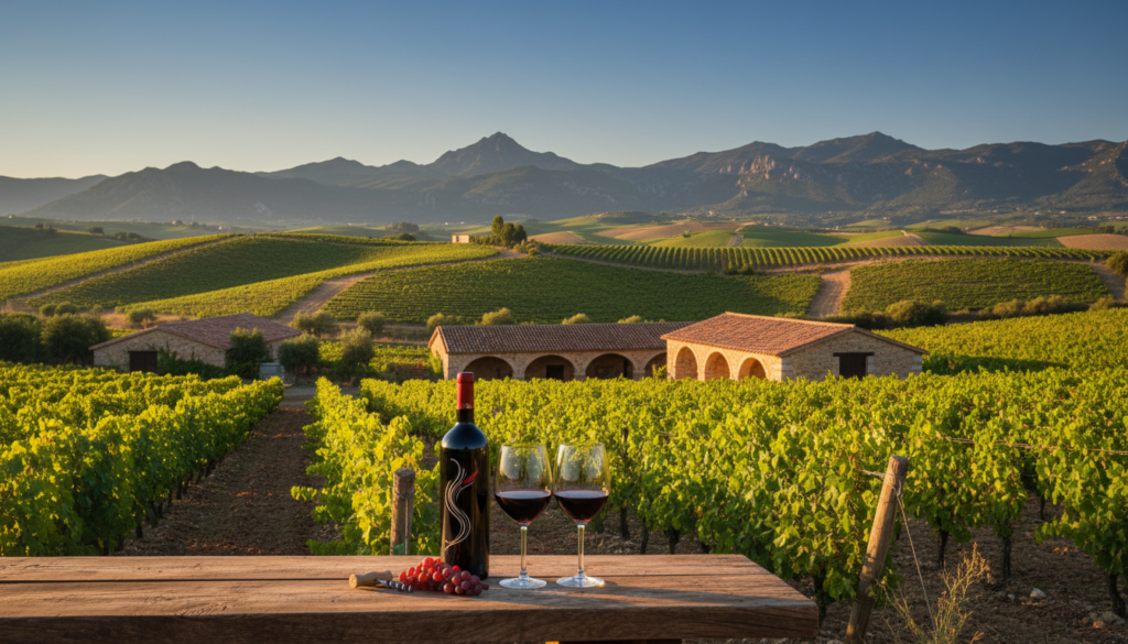 A beautiful vineyard scene set in the rolling hills of La Rioja, showcasing lush grapevines in vibrant shades of green. In the foreground, a rustic wooden table displays an elegantly styled wine bottle and two crystal glasses, capturing the sunlight’s warm glow. The middle ground features traditional Spanish wineries and charming stone cellars, with terracotta roofs and arched doorways, nestled among the greenery. In the background, majestic mountains loom under a clear blue sky, creating a serene and inviting atmosphere. Soft golden hour lighting casts long shadows, enhancing the rich textures of the landscape. This tranquil, picturesque setting conveys the essence of Spain’s renowned wine country and invites viewers to indulge in its beauty and heritage. A beautiful vineyard scene set in the rolling hills of La Rioja, showcasing lush grapevines in vibrant shades of green. In the foreground, a rustic wooden table displays an elegantly styled wine bottle and two crystal glasses, capturing the sunlight’s warm glow. The middle ground features traditional Spanish wineries and charming stone cellars, with terracotta roofs and arched doorways, nestled among the greenery. In the background, majestic mountains loom under a clear blue sky, creating a serene and inviting atmosphere. Soft golden hour lighting casts long shadows, enhancing the rich textures of the landscape. This tranquil, picturesque setting conveys the essence of Spain’s renowned wine country and invites viewers to indulge in its beauty and heritage.