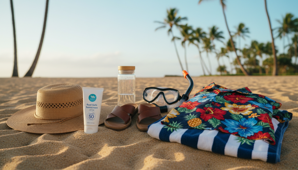A beautifully arranged flat lay of packing essentials for a trip to Honolulu and Maui. In the foreground, include a stylish sun hat, reef-safe sunscreen, a vibrant Hawaiian shirt, and a beach towel. In the middle layer, showcase a pair of comfortable sandals, a snorkeling mask, and a reusable water bottle, neatly organized on a soft, sandy background. The background should feature a glimpse of a tropical landscape, perhaps with palm trees and a clear blue sky, suggesting a vacation vibe. Use soft, natural lighting to create an inviting atmosphere, and consider a slight overhead angle to capture all items clearly. The overall mood should convey excitement and relaxation, perfect for a Hawaiian getaway. A beautifully arranged flat lay of packing essentials for a trip to Honolulu and Maui. In the foreground, include a stylish sun hat, reef-safe sunscreen, a vibrant Hawaiian shirt, and a beach towel. In the middle layer, showcase a pair of comfortable sandals, a snorkeling mask, and a reusable water bottle, neatly organized on a soft, sandy background. The background should feature a glimpse of a tropical landscape, perhaps with palm trees and a clear blue sky, suggesting a vacation vibe. Use soft, natural lighting to create an inviting atmosphere, and consider a slight overhead angle to capture all items clearly. The overall mood should convey excitement and relaxation, perfect for a Hawaiian getaway.