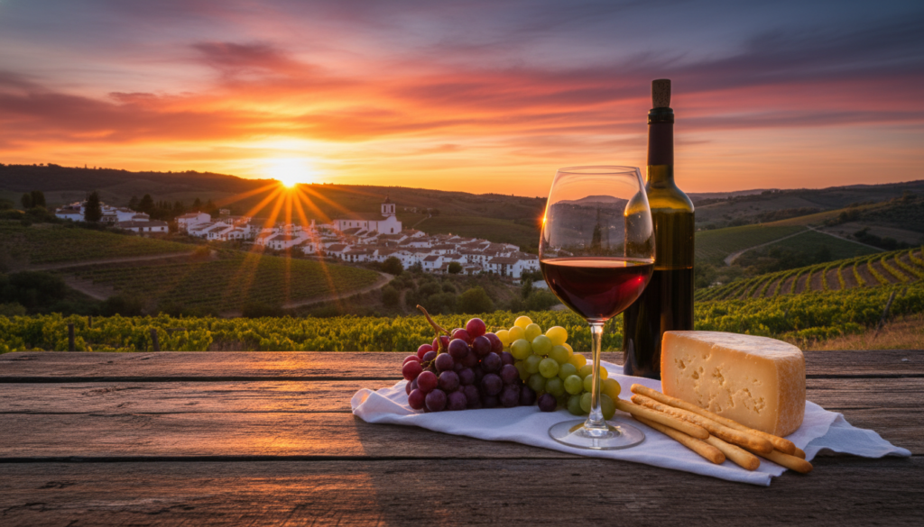 A beautifully arranged wine scene that captures the essence of Spanish vineyards. In the foreground, a rustic wooden table is set with an elegant, half-full glass of deep red wine, sparkling in the golden sunlight. Surrounding the glass, there are ripe grapes, a wedge of aged cheese, and a few delicate breadsticks. In the middle ground, rolling hills of lush grapevines stretch out, leading to a quaint village in the distance with traditional Spanish architecture. The background showcases a vibrant sunset just behind the hills, casting warm, inviting hues of orange and purple across the sky. The mood is relaxed and celebratory, embodying the charm of wine country. Soft, natural light enhances the scene, ideal for a warm and inviting atmosphere. A beautifully arranged wine scene that captures the essence of Spanish vineyards. In the foreground, a rustic wooden table is set with an elegant, half-full glass of deep red wine, sparkling in the golden sunlight. Surrounding the glass, there are ripe grapes, a wedge of aged cheese, and a few delicate breadsticks. In the middle ground, rolling hills of lush grapevines stretch out, leading to a quaint village in the distance with traditional Spanish architecture. The background showcases a vibrant sunset just behind the hills, casting warm, inviting hues of orange and purple across the sky. The mood is relaxed and celebratory, embodying the charm of wine country. Soft, natural light enhances the scene, ideal for a warm and inviting atmosphere.
