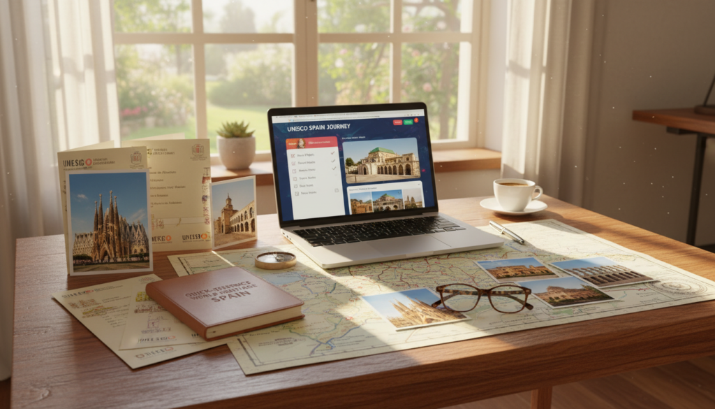 A beautifully organized desktop scene that represents a "quick-reference world heritage" guide for UNESCO sites in Spain. In the foreground, an elegant wooden table displays neatly arranged travel documents, a detailed map of Spain, and colorful photographs of famous UNESCO sites like Sagrada Familia and Alhambra. The middle ground features a laptop open to a vibrant travel planning interface, with visual elements like checklists and photo thumbnails. In the background, soft sunlight filters in through a window, casting warm, inviting light across the scene. The atmosphere is one of inspiration and excitement for adventure, evoking a sense of wanderlust. The camera angle is slightly above the table, capturing the layout's symmetry and inviting aesthetic without any human figures present. A beautifully organized desktop scene that represents a "quick-reference world heritage" guide for UNESCO sites in Spain. In the foreground, an elegant wooden table displays neatly arranged travel documents, a detailed map of Spain, and colorful photographs of famous UNESCO sites like Sagrada Familia and Alhambra. The middle ground features a laptop open to a vibrant travel planning interface, with visual elements like checklists and photo thumbnails. In the background, soft sunlight filters in through a window, casting warm, inviting light across the scene. The atmosphere is one of inspiration and excitement for adventure, evoking a sense of wanderlust. The camera angle is slightly above the table, capturing the layout's symmetry and inviting aesthetic without any human figures present.