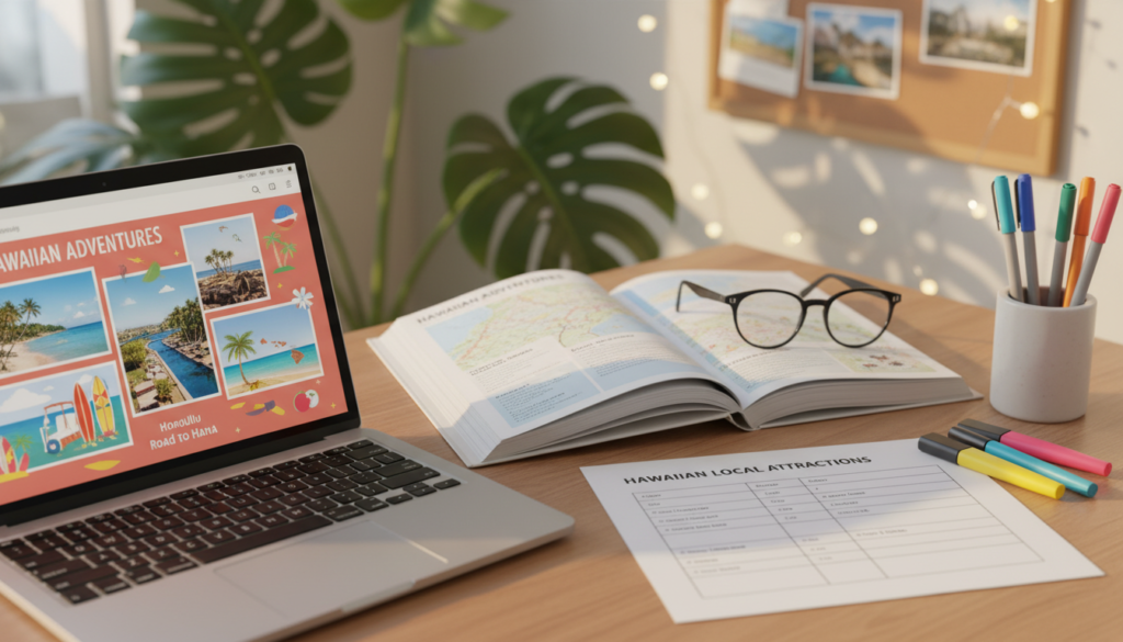 A beautifully organized workspace showcasing various planning tools for travel itineraries. In the foreground, a laptop displaying a colorful itinerary with engaging visuals of Honolulu and Maui, alongside a printed table of local attractions. Stationery items like pens and highlighters are neatly arranged. In the middle, an open travel guidebook featuring maps and tips about Hawaiian culture. The background is softly blurred, but hints of tropical plants can be seen, suggesting a serene atmosphere. Soft, warm lighting enhances the inviting vibe, making it feel like a productive, creative space for planning. The angle is slightly overhead, capturing the full scene without human subjects, focusing solely on the tools for a smooth trip. A beautifully organized workspace showcasing various planning tools for travel itineraries. In the foreground, a laptop displaying a colorful itinerary with engaging visuals of Honolulu and Maui, alongside a printed table of local attractions. Stationery items like pens and highlighters are neatly arranged. In the middle, an open travel guidebook featuring maps and tips about Hawaiian culture. The background is softly blurred, but hints of tropical plants can be seen, suggesting a serene atmosphere. Soft, warm lighting enhances the inviting vibe, making it feel like a productive, creative space for planning. The angle is slightly overhead, capturing the full scene without human subjects, focusing solely on the tools for a smooth trip.