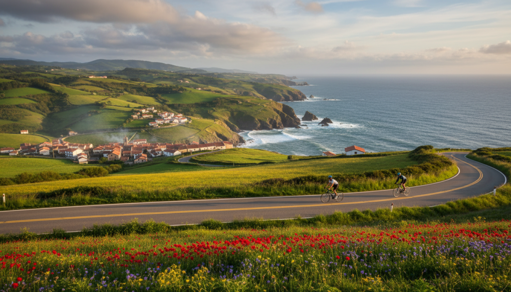 A breathtaking panorama of northern Spain, showcasing the lush green hills and rocky coastline along the Atlantic. In the foreground, vibrant wildflowers bloom along a winding road, with cyclists enjoying the scenic route. The middle ground features quaint villages with traditional Spanish architecture, their terracotta rooftops nestled against the hills. In the background, the ocean waves crash against the rugged cliffs under a dramatic sky, where soft sunlight filters through fluffy clouds, creating a warm, inviting atmosphere. Capture this stunning vista with a wide-angle perspective, emphasizing depth and beauty, highlighting the serene ambiance of a road trip through this captivating region. The image should evoke a sense of adventure and tranquility, transporting viewers to this picturesque journey. A breathtaking panorama of northern Spain, showcasing the lush green hills and rocky coastline along the Atlantic. In the foreground, vibrant wildflowers bloom along a winding road, with cyclists enjoying the scenic route. The middle ground features quaint villages with traditional Spanish architecture, their terracotta rooftops nestled against the hills. In the background, the ocean waves crash against the rugged cliffs under a dramatic sky, where soft sunlight filters through fluffy clouds, creating a warm, inviting atmosphere. Capture this stunning vista with a wide-angle perspective, emphasizing depth and beauty, highlighting the serene ambiance of a road trip through this captivating region. The image should evoke a sense of adventure and tranquility, transporting viewers to this picturesque journey.
