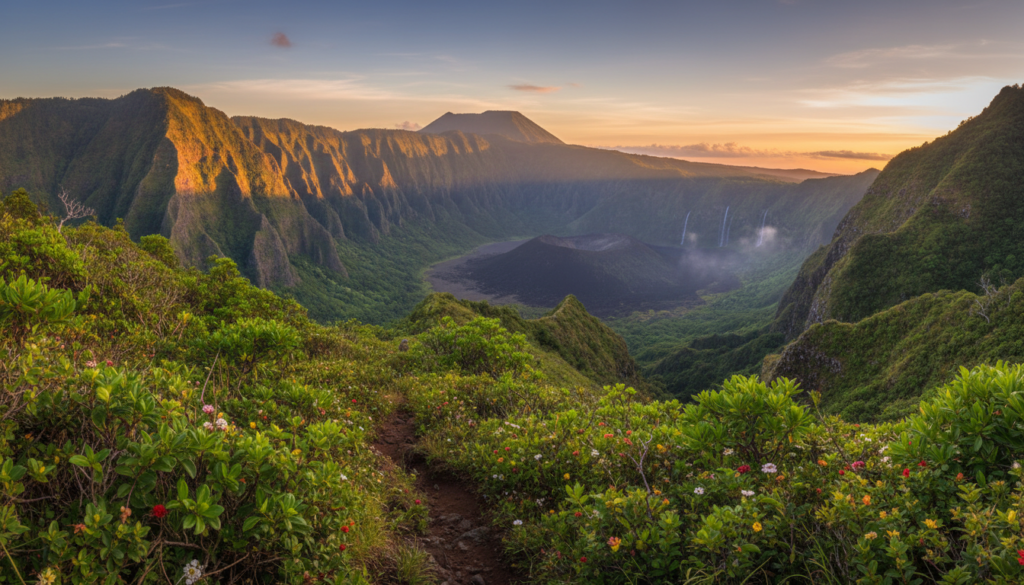 A breathtaking panoramic view of a lush hiking trail on a Hawaiian island, capturing the essence of adventure. In the foreground, a narrow path winds through vibrant green foliage, dotted with delicate tropical flowers. In the middle ground, rugged ridgelines rise dramatically, their slopes glistening under the warm Hawaiian sun. A majestic volcanic crater can be seen in the distance, with its deep, shadowed interior hinting at geological history. Waterfalls cascade over rocky cliffs, creating sparkling mist in the air. The scene is bathed in golden hour light, casting a warm glow that enhances the natural beauty. The sky is adorned with streaks of orange and pink, setting a serene and inviting mood. Shot from a slightly elevated angle, the image evokes a sense of wonder and exploration. A breathtaking panoramic view of a lush hiking trail on a Hawaiian island, capturing the essence of adventure. In the foreground, a narrow path winds through vibrant green foliage, dotted with delicate tropical flowers. In the middle ground, rugged ridgelines rise dramatically, their slopes glistening under the warm Hawaiian sun. A majestic volcanic crater can be seen in the distance, with its deep, shadowed interior hinting at geological history. Waterfalls cascade over rocky cliffs, creating sparkling mist in the air. The scene is bathed in golden hour light, casting a warm glow that enhances the natural beauty. The sky is adorned with streaks of orange and pink, setting a serene and inviting mood. Shot from a slightly elevated angle, the image evokes a sense of wonder and exploration.