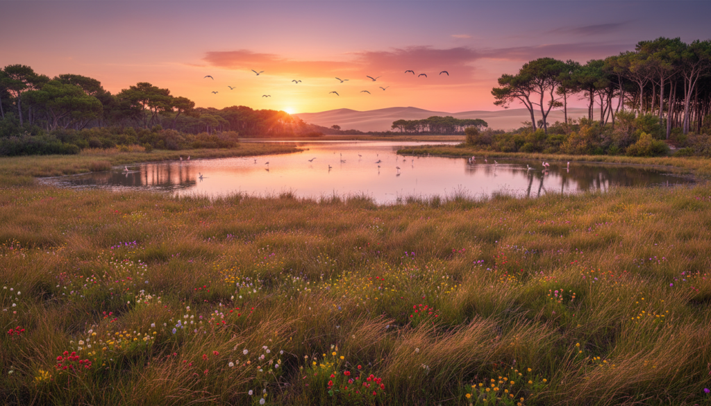 A breathtaking view of Doñana National Park, a UNESCO World Heritage Site in Spain. In the foreground, delicate marsh grasses sway gently in the breeze, interspersed with colorful wildflowers. The middle ground features a serene lagoon reflecting the sky, surrounded by iconic pine trees and rich biodiversity, showcasing migratory birds in flight. In the background, sand dunes rise softly against a vibrant sunset, casting warm hues of orange and pink across the landscape. The scene is bathed in golden hour lighting, enhancing the rich textures of the flora. The atmosphere is tranquil and inviting, perfect for appreciating nature’s beauty. The angle captures an expansive view, inviting the viewer to immerse themselves in the unique ecosystem of one of Spain’s most treasured natural locations. A breathtaking view of Doñana National Park, a UNESCO World Heritage Site in Spain. In the foreground, delicate marsh grasses sway gently in the breeze, interspersed with colorful wildflowers. The middle ground features a serene lagoon reflecting the sky, surrounded by iconic pine trees and rich biodiversity, showcasing migratory birds in flight. In the background, sand dunes rise softly against a vibrant sunset, casting warm hues of orange and pink across the landscape. The scene is bathed in golden hour lighting, enhancing the rich textures of the flora. The atmosphere is tranquil and inviting, perfect for appreciating nature’s beauty. The angle captures an expansive view, inviting the viewer to immerse themselves in the unique ecosystem of one of Spain’s most treasured natural locations.