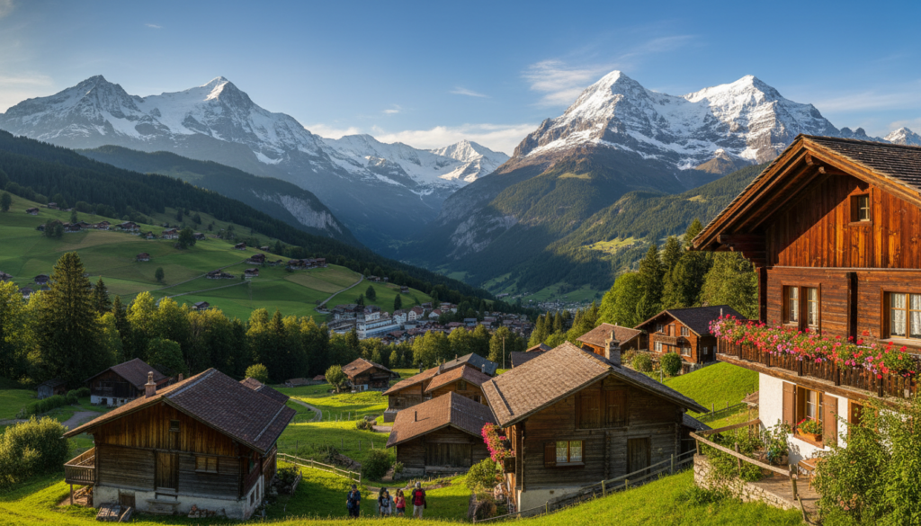 A breathtaking view of Gimmelwald, Switzerland, nestled high in the Alps. In the foreground, traditional Swiss chalets adorned with vibrant flower boxes, surrounded by lush greenery. The middle ground features the winding paths and terraced farms that characterize this picturesque village. In the background, majestic snow-capped mountains rise dramatically against a clear blue sky, with wispy clouds adding a touch of softness to the scene. The lighting is warm and inviting, suggesting late afternoon sun, casting gentle shadows. The angle captures the village from a slightly elevated perspective, framing the stunning valley below. The overall mood is serene and tranquil, evoking a sense of peaceful retreat into nature's splendor. A few hikers in modest casual clothing explore the trails, embodying the spirit of adventure in this hidden gem. A breathtaking view of Gimmelwald, Switzerland, nestled high in the Alps. In the foreground, traditional Swiss chalets adorned with vibrant flower boxes, surrounded by lush greenery. The middle ground features the winding paths and terraced farms that characterize this picturesque village. In the background, majestic snow-capped mountains rise dramatically against a clear blue sky, with wispy clouds adding a touch of softness to the scene. The lighting is warm and inviting, suggesting late afternoon sun, casting gentle shadows. The angle captures the village from a slightly elevated perspective, framing the stunning valley below. The overall mood is serene and tranquil, evoking a sense of peaceful retreat into nature's splendor. A few hikers in modest casual clothing explore the trails, embodying the spirit of adventure in this hidden gem.