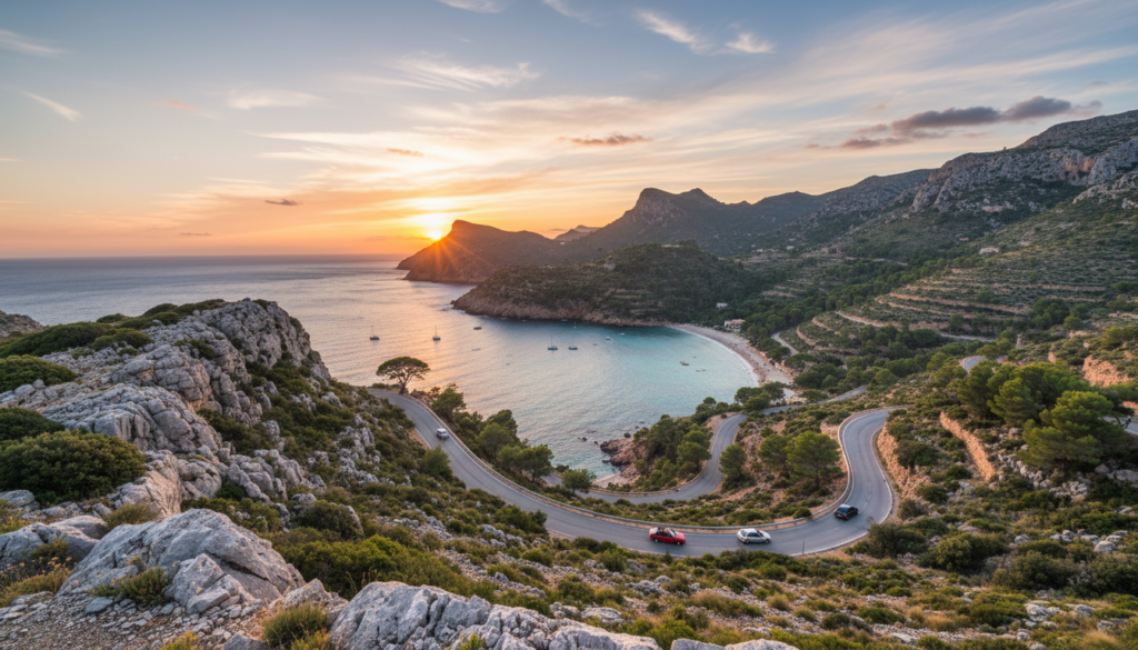 A breathtaking view of Mallorca's Tramuntana Mountains, with rugged peaks and lush greenery in the foreground, showcasing a winding coastal road that elegantly curves along the cliffs. In the middle ground, a serene, turquoise cove with crystal-clear waters, dotted with small boats and gentle waves lapping at the shore. The background features a dramatic sunset, casting warm golden hues across the landscape, while soft clouds float above. The scene is captured from a slightly elevated angle, providing a panoramic view of the coastline and mountains. The atmosphere is tranquil yet exhilarating, inviting the viewer to imagine an unforgettable road trip escape through this Mediterranean paradise. Natural lighting enhances the colors, creating a vivid and inviting scene. A breathtaking view of Mallorca's Tramuntana Mountains, with rugged peaks and lush greenery in the foreground, showcasing a winding coastal road that elegantly curves along the cliffs. In the middle ground, a serene, turquoise cove with crystal-clear waters, dotted with small boats and gentle waves lapping at the shore. The background features a dramatic sunset, casting warm golden hues across the landscape, while soft clouds float above. The scene is captured from a slightly elevated angle, providing a panoramic view of the coastline and mountains. The atmosphere is tranquil yet exhilarating, inviting the viewer to imagine an unforgettable road trip escape through this Mediterranean paradise. Natural lighting enhances the colors, creating a vivid and inviting scene.