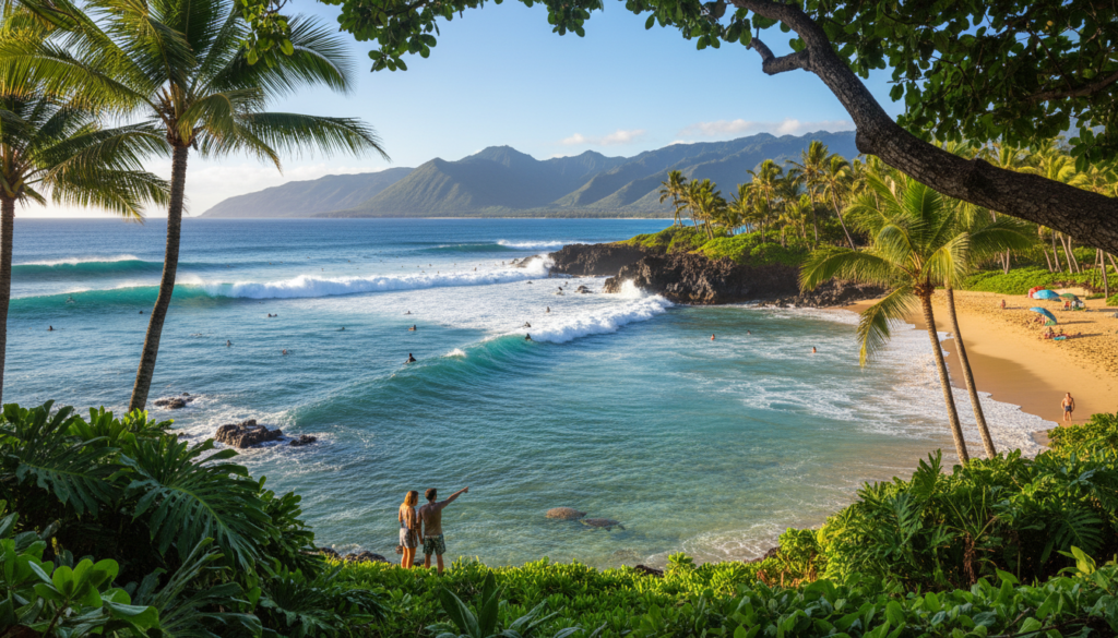 A breathtaking view of North Shore Maui, showcasing the stunning turquoise ocean with foamy white waves crashing against rocky cliffs. In the foreground, a vibrant green patch of palm trees and tropical plants frame the scene, while numerous surfers ride the powerful waves, expertly maneuvering on their boards. The middle ground features a sandy beach where families enjoy a day out, with a couple of beachgoers pointing towards playful sea turtles just beneath the surface. In the background, majestic green mountains rise under a clear blue sky, with gentle winds creating ripples on the water. The sunlight bathes the scene in a warm, golden hue, enhancing the cheerful and adventurous atmosphere of this remarkable coastal destination. A breathtaking view of North Shore Maui, showcasing the stunning turquoise ocean with foamy white waves crashing against rocky cliffs. In the foreground, a vibrant green patch of palm trees and tropical plants frame the scene, while numerous surfers ride the powerful waves, expertly maneuvering on their boards. The middle ground features a sandy beach where families enjoy a day out, with a couple of beachgoers pointing towards playful sea turtles just beneath the surface. In the background, majestic green mountains rise under a clear blue sky, with gentle winds creating ripples on the water. The sunlight bathes the scene in a warm, golden hue, enhancing the cheerful and adventurous atmosphere of this remarkable coastal destination.