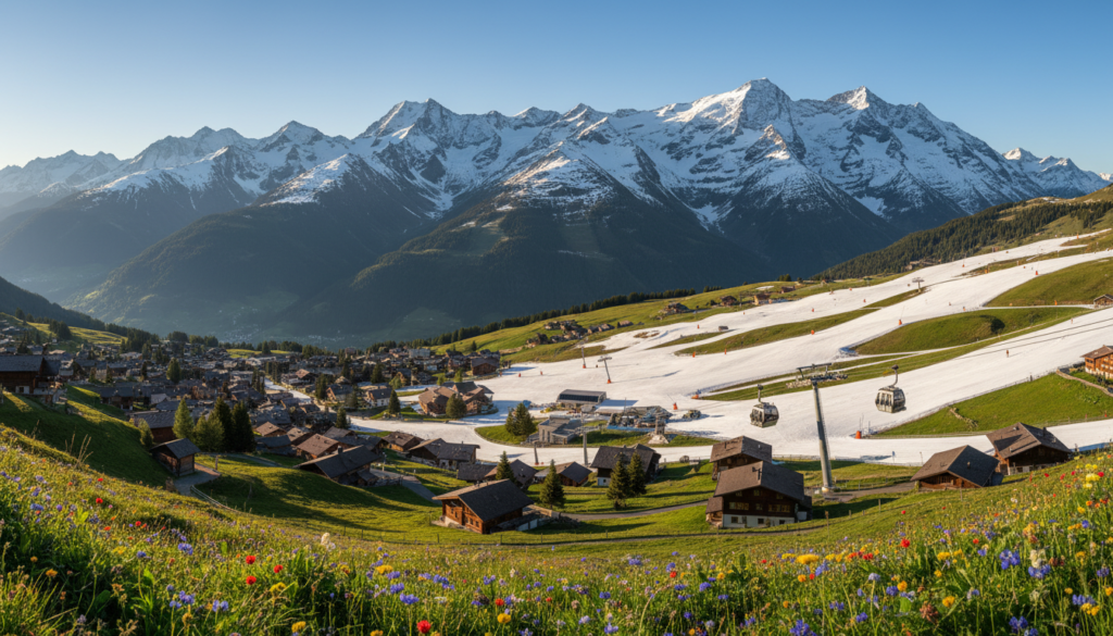 A breathtaking view of the Andermatt mountains during a clear, sunny day, showcasing the rugged peaks of the Swiss Alps in the background. In the foreground, a picturesque village nestled among rolling green hills, with charming Alpine-style chalets and vibrant wildflowers. The middle ground features ski slopes with pristine white snow, hinting at the winter sports available, and a gondola lift gracefully ascending a nearby slope. Soft, golden sunlight bathes the scene, casting dynamic shadows and creating a warm, inviting atmosphere. The image captures the essence of adventure and tranquility in Central Switzerland, with a focus on the unique blend of natural beauty and alpine culture. The angle is slightly elevated, offering a panoramic vista that encompasses both the village and the majestic mountains beyond. A breathtaking view of the Andermatt mountains during a clear, sunny day, showcasing the rugged peaks of the Swiss Alps in the background. In the foreground, a picturesque village nestled among rolling green hills, with charming Alpine-style chalets and vibrant wildflowers. The middle ground features ski slopes with pristine white snow, hinting at the winter sports available, and a gondola lift gracefully ascending a nearby slope. Soft, golden sunlight bathes the scene, casting dynamic shadows and creating a warm, inviting atmosphere. The image captures the essence of adventure and tranquility in Central Switzerland, with a focus on the unique blend of natural beauty and alpine culture. The angle is slightly elevated, offering a panoramic vista that encompasses both the village and the majestic mountains beyond.