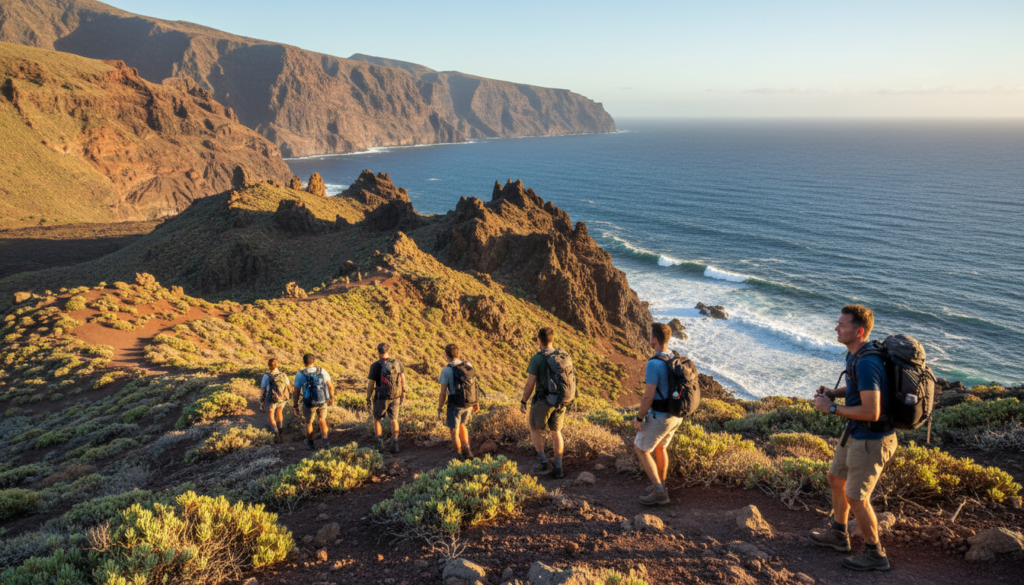 A breathtaking view of the Canary Islands, featuring dramatic volcanic landscapes and deep blue ocean waters. In the foreground, a group of hikers in modest outdoor clothing climbs a rugged volcanic trail, showcasing a mix of determination and awe. The middle ground displays unique rock formations and lush greenery amidst the volcanic terrain, while the background features steep cliffs descending into the ocean, with waves crashing against them. The sky is bright and clear, capturing the warm sunlight that bathes the scene, creating vibrant colors that highlight the islands’ natural beauty. The atmosphere is adventurous and inviting, embodying the thrill of exploring this stunning destination. A breathtaking view of the Canary Islands, featuring dramatic volcanic landscapes and deep blue ocean waters. In the foreground, a group of hikers in modest outdoor clothing climbs a rugged volcanic trail, showcasing a mix of determination and awe. The middle ground displays unique rock formations and lush greenery amidst the volcanic terrain, while the background features steep cliffs descending into the ocean, with waves crashing against them. The sky is bright and clear, capturing the warm sunlight that bathes the scene, creating vibrant colors that highlight the islands’ natural beauty. The atmosphere is adventurous and inviting, embodying the thrill of exploring this stunning destination.