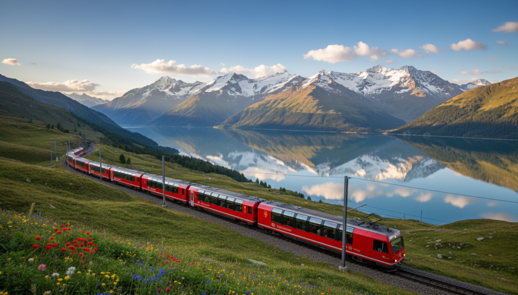 A breathtaking view of the Glacier Express traversing the Swiss Alps, capturing the essence of this iconic train journey. In the foreground, the sleek, red train winds elegantly through lush green valleys, flanked by vibrant wildflowers. The middle ground features stunning snow-capped mountains rising majestically against a brilliant blue sky, with fluffy white clouds casting soft shadows. In the background, a serene lake reflects the grandeur of the landscape. The lighting is golden and warm, as if captured during the golden hour, enhancing the colors and creating an inviting atmosphere. The scene evokes a sense of tranquility and awe, inviting viewers to experience the spectacular beauty of Switzerland's alpine scenery. The perspective is slightly elevated, showcasing the train's journey through this picturesque landscape. A breathtaking view of the Glacier Express traversing the Swiss Alps, capturing the essence of this iconic train journey. In the foreground, the sleek, red train winds elegantly through lush green valleys, flanked by vibrant wildflowers. The middle ground features stunning snow-capped mountains rising majestically against a brilliant blue sky, with fluffy white clouds casting soft shadows. In the background, a serene lake reflects the grandeur of the landscape. The lighting is golden and warm, as if captured during the golden hour, enhancing the colors and creating an inviting atmosphere. The scene evokes a sense of tranquility and awe, inviting viewers to experience the spectacular beauty of Switzerland's alpine scenery. The perspective is slightly elevated, showcasing the train's journey through this picturesque landscape.
