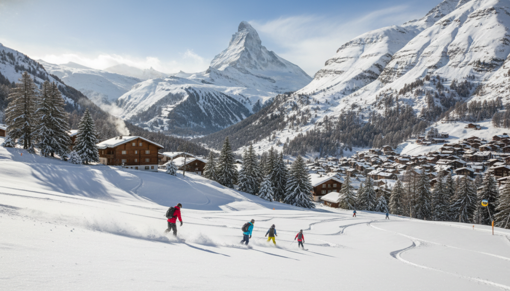 A breathtaking winter scene showcasing the Zermatt skiing slopes, with pristine snow-covered peaks glistening under bright sunlight. In the foreground, a group of skilled snowboarders and skiers gracefully carving through the powdery snow, dressed in vibrant ski attire. The middle ground features a picturesque ski resort with cozy wooden chalets, smoke gently rising from chimneys, surrounded by towering snow-laden pine trees. In the background, the iconic Matterhorn mountain looms majestically, partially shrouded in wispy clouds. The atmosphere is serene yet exhilarating, evoking a sense of adventure and tranquility. The lighting is crisp and clear, capturing the brilliance of winter, with a wide-angle view that emphasizes the vastness of the landscape. A breathtaking winter scene showcasing the Zermatt skiing slopes, with pristine snow-covered peaks glistening under bright sunlight. In the foreground, a group of skilled snowboarders and skiers gracefully carving through the powdery snow, dressed in vibrant ski attire. The middle ground features a picturesque ski resort with cozy wooden chalets, smoke gently rising from chimneys, surrounded by towering snow-laden pine trees. In the background, the iconic Matterhorn mountain looms majestically, partially shrouded in wispy clouds. The atmosphere is serene yet exhilarating, evoking a sense of adventure and tranquility. The lighting is crisp and clear, capturing the brilliance of winter, with a wide-angle view that emphasizes the vastness of the landscape.