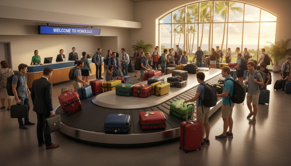A bustling baggage claim area in an airport, showcasing a diverse group of travelers in professional business attire and modest casual clothing, eagerly waiting by a luggage carousel. The foreground features a bright and colorful carousel, with bags of various shapes and sizes being retrieved. The middle ground highlights a backdrop of an information desk and a large window showing a glimpse of tropical palm trees swaying outside. The background captures a sunny Hawaiian sky with hints of clouds. Soft, warm lighting bathes the scene, creating an inviting atmosphere of excitement and anticipation. The angle is slightly elevated, allowing a full view of the travelers and their luggage, conveying a sense of movement and activity typical of an airport setting. A bustling baggage claim area in an airport, showcasing a diverse group of travelers in professional business attire and modest casual clothing, eagerly waiting by a luggage carousel. The foreground features a bright and colorful carousel, with bags of various shapes and sizes being retrieved. The middle ground highlights a backdrop of an information desk and a large window showing a glimpse of tropical palm trees swaying outside. The background captures a sunny Hawaiian sky with hints of clouds. Soft, warm lighting bathes the scene, creating an inviting atmosphere of excitement and anticipation. The angle is slightly elevated, allowing a full view of the travelers and their luggage, conveying a sense of movement and activity typical of an airport setting.