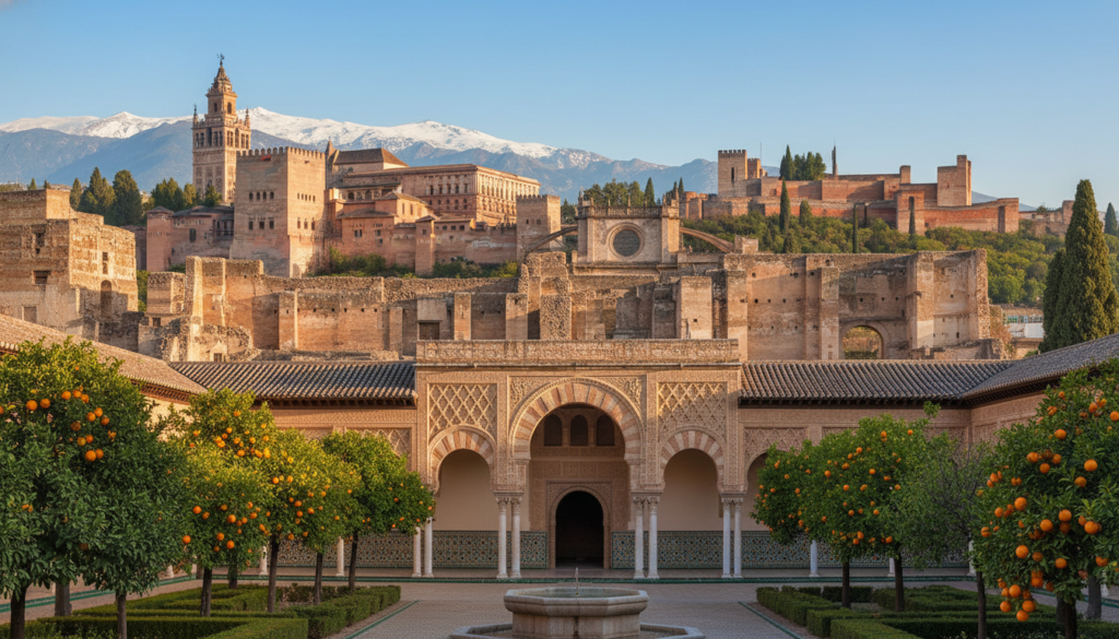 A captivating view of Andalusia's UNESCO World Heritage sites, showcasing the architectural beauty of Córdoba's Mezquita, the ancient ruins of Medina Azahara, the grandeur of Seville's Cathedral and the Alcázar, and the stunning Alhambra in Granada. In the foreground, vibrant orange trees and traditional Andalusian tiles adorn a sunny courtyard, inviting exploration. The middle ground features intricate details of the Moorish architecture, with graceful arches and colorful mosaics, bathed in warm golden sunlight. In the background, the Sierra Nevada mountains provide a stunning contrast under a clear blue sky. The scene conveys a sense of history and serenity, perfect for illustrating the rich cultural heritage of the region. The atmosphere is warm and inviting, evoking a sense of wonder. A captivating view of Andalusia's UNESCO World Heritage sites, showcasing the architectural beauty of Córdoba's Mezquita, the ancient ruins of Medina Azahara, the grandeur of Seville's Cathedral and the Alcázar, and the stunning Alhambra in Granada. In the foreground, vibrant orange trees and traditional Andalusian tiles adorn a sunny courtyard, inviting exploration. The middle ground features intricate details of the Moorish architecture, with graceful arches and colorful mosaics, bathed in warm golden sunlight. In the background, the Sierra Nevada mountains provide a stunning contrast under a clear blue sky. The scene conveys a sense of history and serenity, perfect for illustrating the rich cultural heritage of the region. The atmosphere is warm and inviting, evoking a sense of wonder.