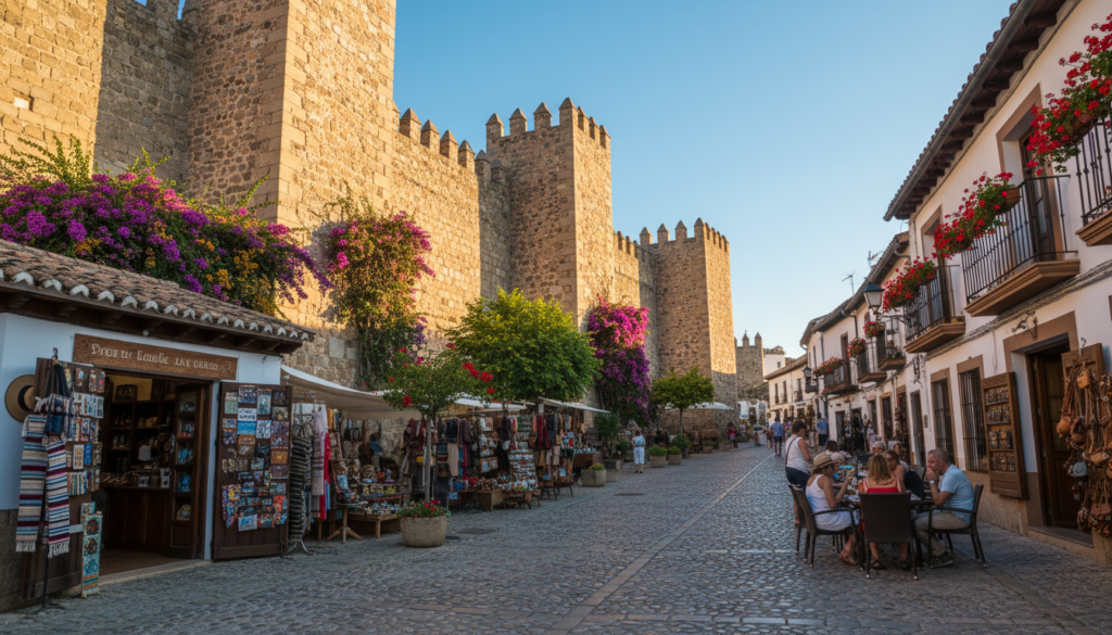 A charming view of a walled city old town in Spain, showcasing the intricate stone walls adorned with vibrant flowering vines and local crafts. In the foreground, cobblestone streets invite visitors to explore, lined with modest shops and small cafes, where patrons are enjoying their day in casual clothing. The middle ground features traditional whitewashed buildings with terracotta roofs, their balconies overflowing with colorful flowers. In the background, the majestic fortress walls of the city rise proudly against a bright blue sky, bathed in warm, golden afternoon sunlight. The scene evokes a sense of history and tranquility, perfect for first-time visitors looking to immerse themselves in Spain's cultural heritage. Capture this from a low angle, emphasizing the towering walls while maintaining a bustling yet serene atmosphere. A charming view of a walled city old town in Spain, showcasing the intricate stone walls adorned with vibrant flowering vines and local crafts. In the foreground, cobblestone streets invite visitors to explore, lined with modest shops and small cafes, where patrons are enjoying their day in casual clothing. The middle ground features traditional whitewashed buildings with terracotta roofs, their balconies overflowing with colorful flowers. In the background, the majestic fortress walls of the city rise proudly against a bright blue sky, bathed in warm, golden afternoon sunlight. The scene evokes a sense of history and tranquility, perfect for first-time visitors looking to immerse themselves in Spain's cultural heritage. Capture this from a low angle, emphasizing the towering walls while maintaining a bustling yet serene atmosphere.