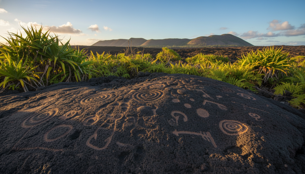 A close-up view of ancient petroglyph carvings on volcanic rock, showcasing intricate symbols and figures that represent Hawaiian culture and history. The foreground features detailed textures of the carvings, with sunlight casting gentle shadows that enhance their depth. In the middle ground, lush greenery and native flora frame the petroglyphs, hinting at a sacred landscape. The background features distant volcanic hills under a clear blue sky, providing context and atmosphere. The scene is illuminated with warm, golden-hour lighting, creating a serene and reverent mood, evoking a sense of connection to Maui's rich heritage. The angle is slightly elevated to capture the carvings while maintaining respect for the site. A close-up view of ancient petroglyph carvings on volcanic rock, showcasing intricate symbols and figures that represent Hawaiian culture and history. The foreground features detailed textures of the carvings, with sunlight casting gentle shadows that enhance their depth. In the middle ground, lush greenery and native flora frame the petroglyphs, hinting at a sacred landscape. The background features distant volcanic hills under a clear blue sky, providing context and atmosphere. The scene is illuminated with warm, golden-hour lighting, creating a serene and reverent mood, evoking a sense of connection to Maui's rich heritage. The angle is slightly elevated to capture the carvings while maintaining respect for the site.
