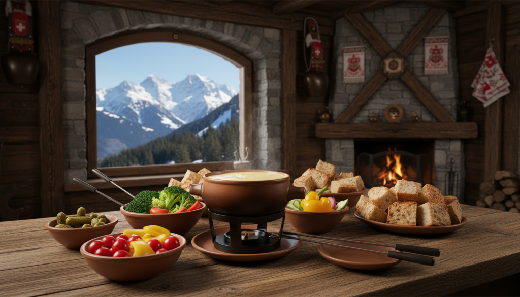 A cozy, traditional Swiss fondue setting, featuring a rustic wooden table adorned with a bubbling pot of melted cheese at the foreground, rich with golden tones reflecting the warm lighting. Surrounding the pot are crusty bread cubes and colorful vegetables ready for dipping. In the middle ground, there are charming mountain hut elements—wooden beams, stone walls, and traditional Swiss decor, creating an inviting atmosphere. The background showcases a stunning view of the snow-capped Alps under a clear blue sky, enhancing the alpine charm. The scene is well-lit with soft, warm lighting to evoke a feeling of comfort and indulgence, captured from a slightly elevated angle to encompass the entire delightful dining experience. A cozy, traditional Swiss fondue setting, featuring a rustic wooden table adorned with a bubbling pot of melted cheese at the foreground, rich with golden tones reflecting the warm lighting. Surrounding the pot are crusty bread cubes and colorful vegetables ready for dipping. In the middle ground, there are charming mountain hut elements—wooden beams, stone walls, and traditional Swiss decor, creating an inviting atmosphere. The background showcases a stunning view of the snow-capped Alps under a clear blue sky, enhancing the alpine charm. The scene is well-lit with soft, warm lighting to evoke a feeling of comfort and indulgence, captured from a slightly elevated angle to encompass the entire delightful dining experience.