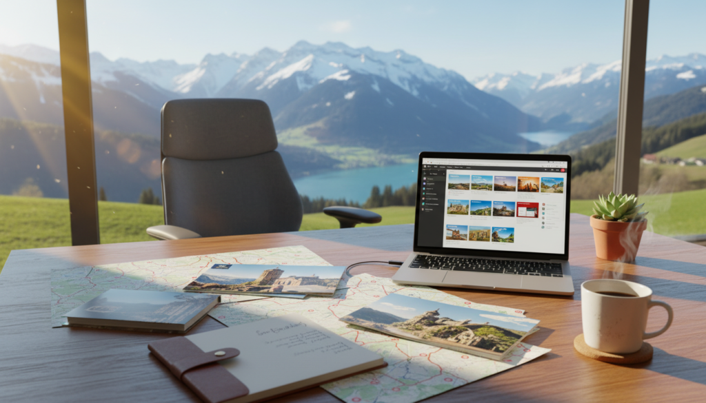 A cozy, well-lit workspace featuring an elegant planning table covered with a neatly arranged assortment of travel brochures, maps of Switzerland, and a laptop displaying colorful itinerary templates. In the foreground, there should be a stylish notebook with handwritten notes and a steaming cup of coffee. The middle ground includes a comfortable office chair and a small potted plant. The background should display a scenic window view of the Swiss Alps, emphasizing the beauty of Switzerland. Soft, natural lighting filters through the window, creating a warm and inviting atmosphere, ideal for travel planning. The mood is organized and inspiring, perfect for someone preparing for an adventure. A cozy, well-lit workspace featuring an elegant planning table covered with a neatly arranged assortment of travel brochures, maps of Switzerland, and a laptop displaying colorful itinerary templates. In the foreground, there should be a stylish notebook with handwritten notes and a steaming cup of coffee. The middle ground includes a comfortable office chair and a small potted plant. The background should display a scenic window view of the Swiss Alps, emphasizing the beauty of Switzerland. Soft, natural lighting filters through the window, creating a warm and inviting atmosphere, ideal for travel planning. The mood is organized and inspiring, perfect for someone preparing for an adventure.
