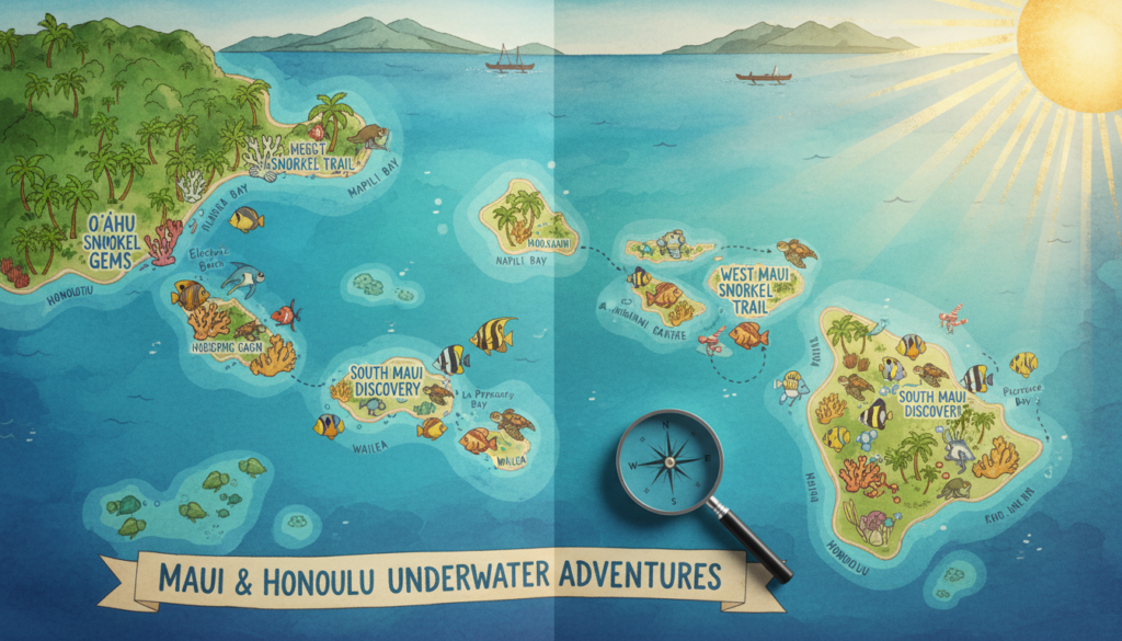 A detailed illustrated map of snorkeling spots in Maui and Honolulu, emphasizing a coastal layout. In the foreground, a top-down view of the map, showcasing marked snorkeling locations with vibrant icons of marine life like fish and coral. The middle ground features an organized grouping of these locations along the shores, labeled with clear, colorful symbols. The background includes a stylized representation of Maui and Honolulu's coastlines, with lush greenery and blue waters. Bright, natural lighting illuminates the scene, evoking a sunny day. The overall mood is one of adventure and excitement, inviting the viewer to explore various snorkeling experiences. The perspective captures the essence of planning a route efficiently, ensuring a smooth travel experience. A detailed illustrated map of snorkeling spots in Maui and Honolulu, emphasizing a coastal layout. In the foreground, a top-down view of the map, showcasing marked snorkeling locations with vibrant icons of marine life like fish and coral. The middle ground features an organized grouping of these locations along the shores, labeled with clear, colorful symbols. The background includes a stylized representation of Maui and Honolulu's coastlines, with lush greenery and blue waters. Bright, natural lighting illuminates the scene, evoking a sunny day. The overall mood is one of adventure and excitement, inviting the viewer to explore various snorkeling experiences. The perspective captures the essence of planning a route efficiently, ensuring a smooth travel experience.