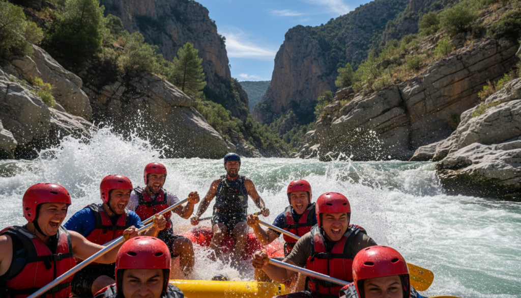 A dynamic water rafting scene in the heart of a picturesque Spanish canyon, showcasing a diverse group of adventurers clad in vibrant life jackets and helmets, paddling energetically through frothy, white-capped rapids. The foreground captures the thrill on their faces as they navigate the tumultuous waters, while the middle ground features the rough texture of the water and splashes flying in all directions. In the background, majestic cliffs rise dramatically, adorned with lush greenery under a bright blue sky. The sunlight filters through, casting dappled shadows on the water, enhancing the vibrant colors of nature. The overall mood is exhilarating and adventurous, evoking a sense of excitement and connection with the great outdoors. A dynamic water rafting scene in the heart of a picturesque Spanish canyon, showcasing a diverse group of adventurers clad in vibrant life jackets and helmets, paddling energetically through frothy, white-capped rapids. The foreground captures the thrill on their faces as they navigate the tumultuous waters, while the middle ground features the rough texture of the water and splashes flying in all directions. In the background, majestic cliffs rise dramatically, adorned with lush greenery under a bright blue sky. The sunlight filters through, casting dappled shadows on the water, enhancing the vibrant colors of nature. The overall mood is exhilarating and adventurous, evoking a sense of excitement and connection with the great outdoors.