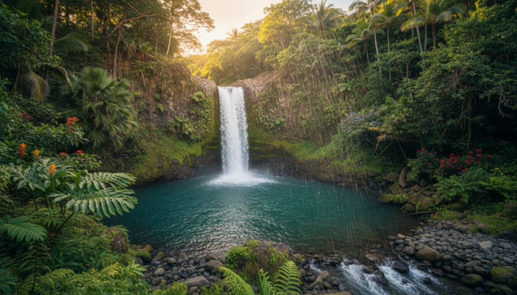 A lush, hidden tropical paradise featuring Kapena Falls cascading down rugged cliff faces into a serene pool surrounded by vibrant greenery. In the foreground, smooth river stones and ferns frame the scene, while a gentle mist rises from the waterfall, catching the sunlight. The middle ground showcases the majestic falls, glistening under the warm, golden hour lighting, creating beautiful rainbows in the spray. In the background, dense island foliage creates a vibrant mix of colors, with deep greens and hints of exotic flowers. The atmosphere feels tranquil and inviting, perfect for an escape into nature. The image should be captured from a slightly elevated angle, emphasizing both the height of the falls and the inviting waters of Alapena Pool below, evoking a sense of adventure and serenity. A lush, hidden tropical paradise featuring Kapena Falls cascading down rugged cliff faces into a serene pool surrounded by vibrant greenery. In the foreground, smooth river stones and ferns frame the scene, while a gentle mist rises from the waterfall, catching the sunlight. The middle ground showcases the majestic falls, glistening under the warm, golden hour lighting, creating beautiful rainbows in the spray. In the background, dense island foliage creates a vibrant mix of colors, with deep greens and hints of exotic flowers. The atmosphere feels tranquil and inviting, perfect for an escape into nature. The image should be captured from a slightly elevated angle, emphasizing both the height of the falls and the inviting waters of Alapena Pool below, evoking a sense of adventure and serenity.