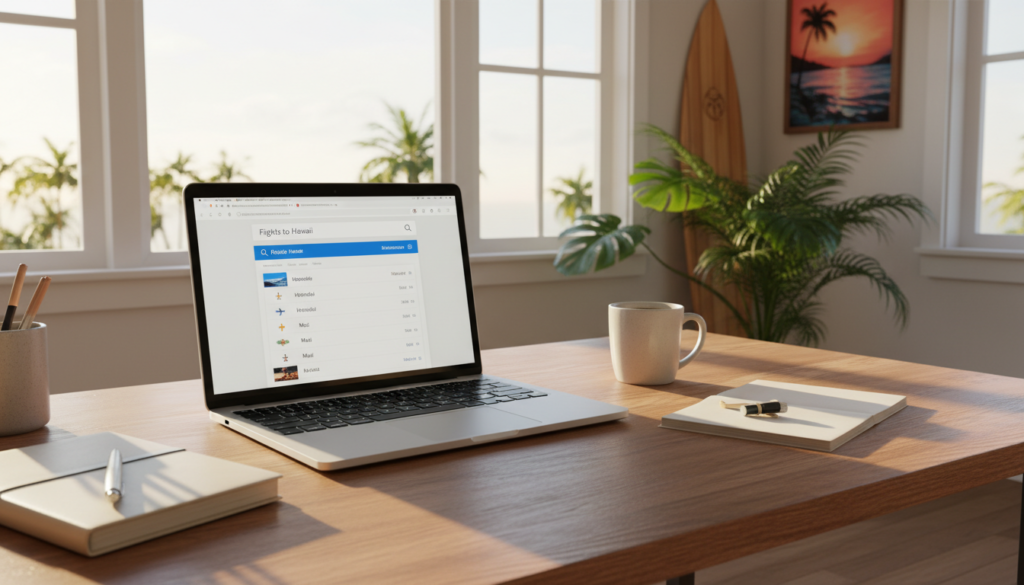 A modern computer desk setup in a cozy home office environment. In the foreground, a sleek laptop displaying a vibrant search engine results page featuring flights to Honolulu and Maui, with a focused search bar prominently visible. Around the laptop, there are essential items like a notepad, pen, and a cup of coffee. In the middle ground, a large window lets in warm, natural light, illuminating the scene and casting soft shadows. The background can include tropical plants or Hawaiian-themed decor, enhancing the travel vibe. The atmosphere is inviting and professional, suggesting productivity and smart travel planning. The camera angle is slightly above eye level, capturing both the desk and the inviting background. A modern computer desk setup in a cozy home office environment. In the foreground, a sleek laptop displaying a vibrant search engine results page featuring flights to Honolulu and Maui, with a focused search bar prominently visible. Around the laptop, there are essential items like a notepad, pen, and a cup of coffee. In the middle ground, a large window lets in warm, natural light, illuminating the scene and casting soft shadows. The background can include tropical plants or Hawaiian-themed decor, enhancing the travel vibe. The atmosphere is inviting and professional, suggesting productivity and smart travel planning. The camera angle is slightly above eye level, capturing both the desk and the inviting background.